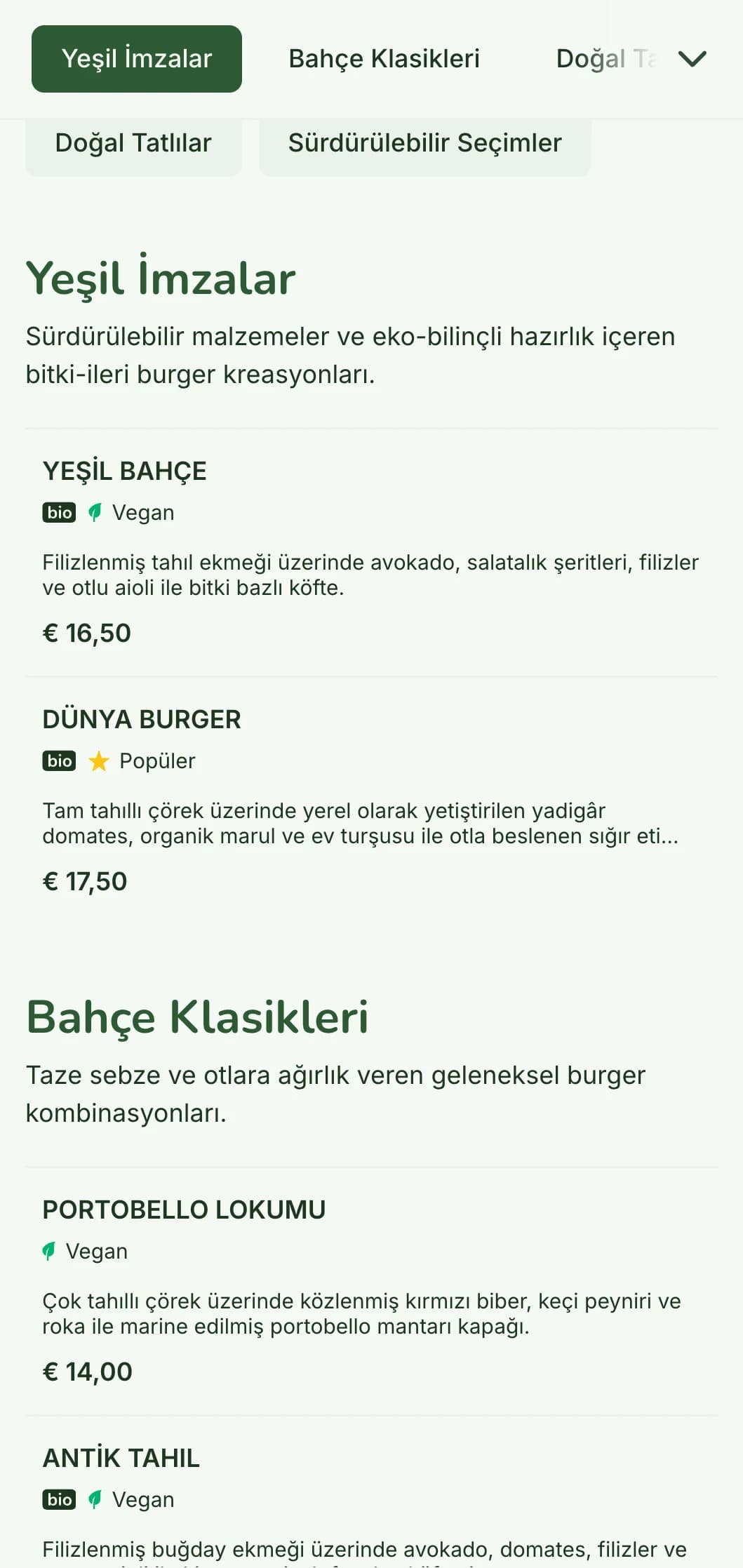 Doğal malzemeler ve bitki bazlı seçenekler içeren, sürdürülebilir odaklı, çevreye duyarlı burger menüsü.