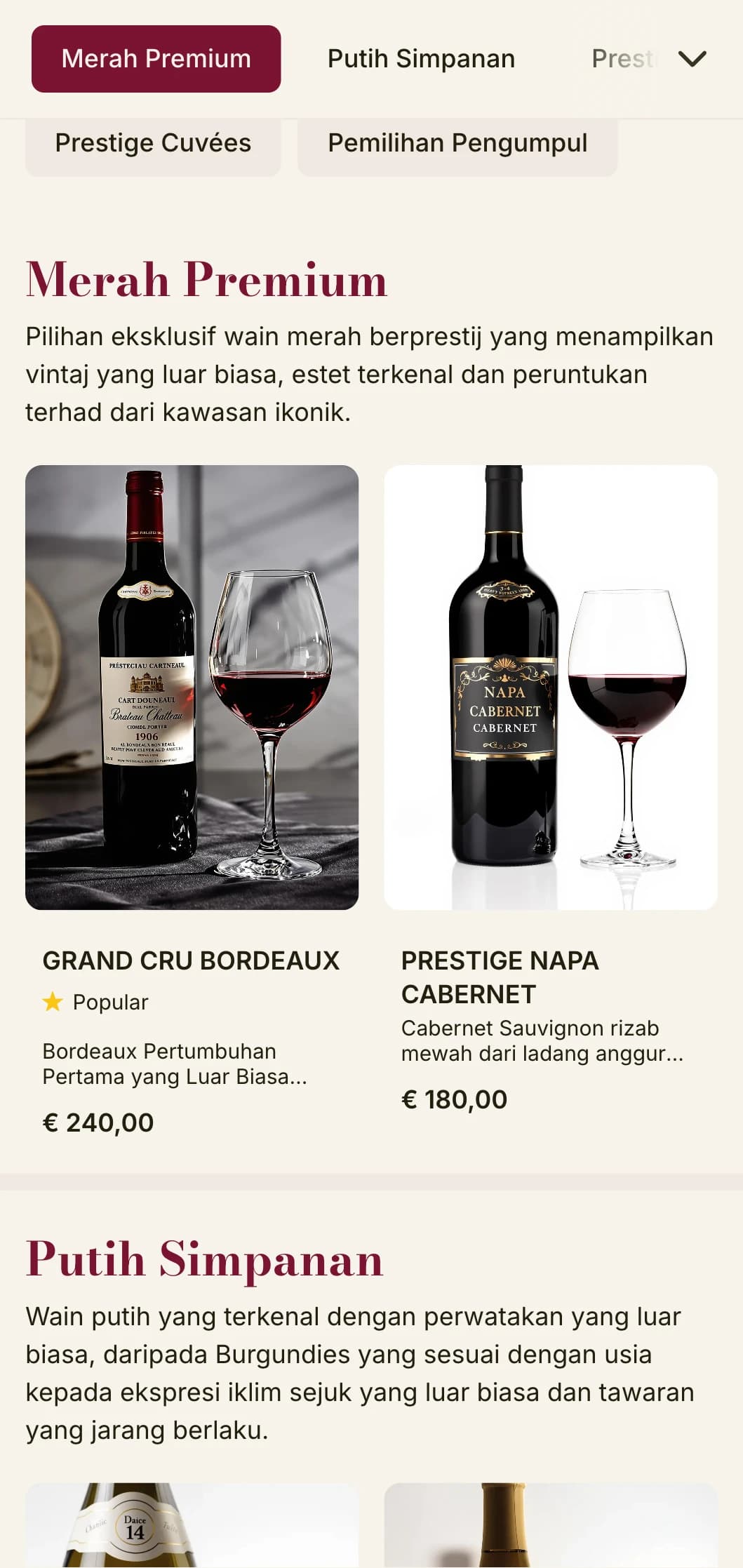 Templat senarai wain yang sangat mewah dengan aksen burgundy yang kaya dan tipografi yang canggih, sesuai untuk restoran stik premium dan bilik bawah tanah wain.