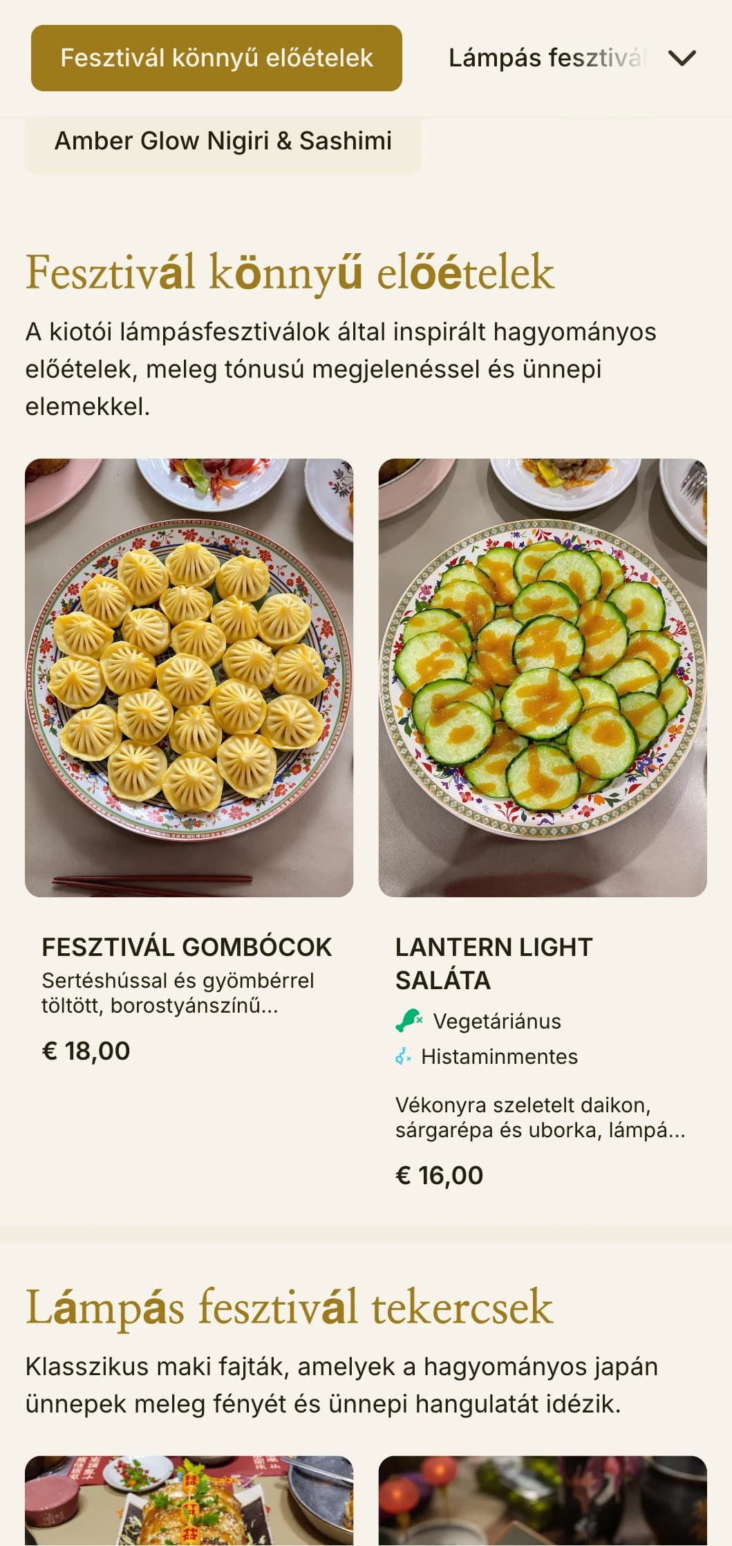 Hagyományos, lámpás ihletésű sushi menü, meleg borostyánsárga tónusokkal az autentikus japán hangulatért.