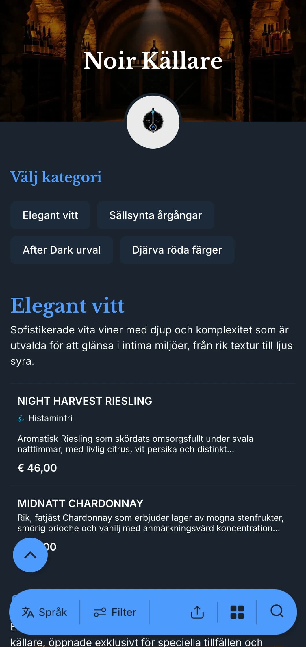 Sofistikerad mall för vinlista med mörkt tema med slående blå accenter mot djupa marinblå bakgrunder, perfekt för intima vinlounger och kvällsställen.