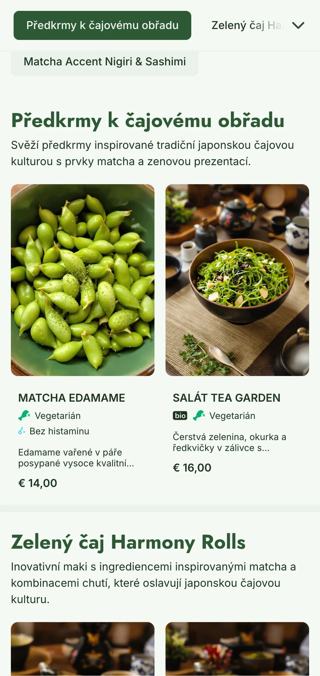 Moderní sushi menu s živými zelenými tóny matcha pro podniky, které dbají na zdraví a jsou inspirovány čajem.