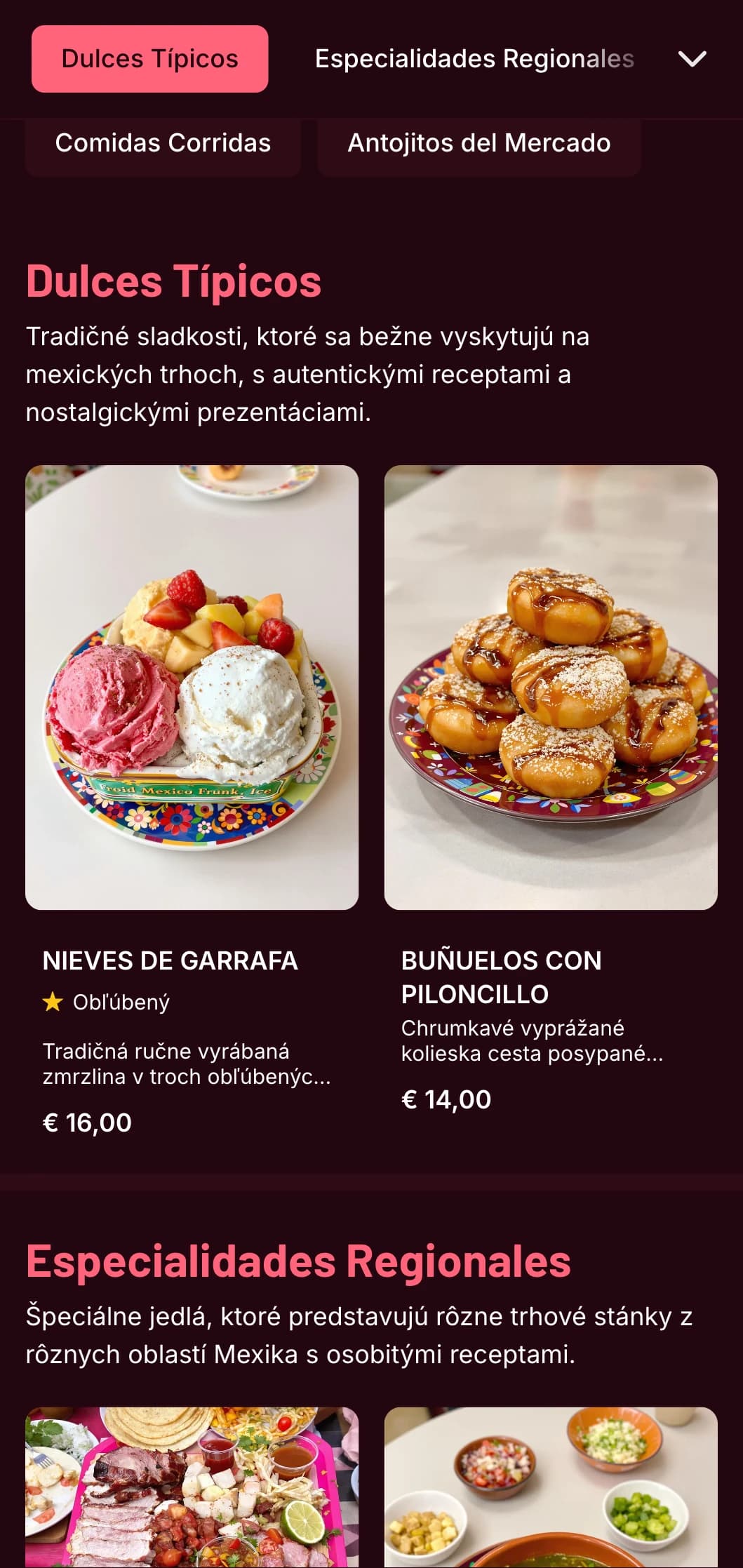 Farebné a autentické menu inšpirované mexickým trhom s jasnými ružovými akcentmi, čerstvými surovinami a tradičnými jedlami antojitos a street food.