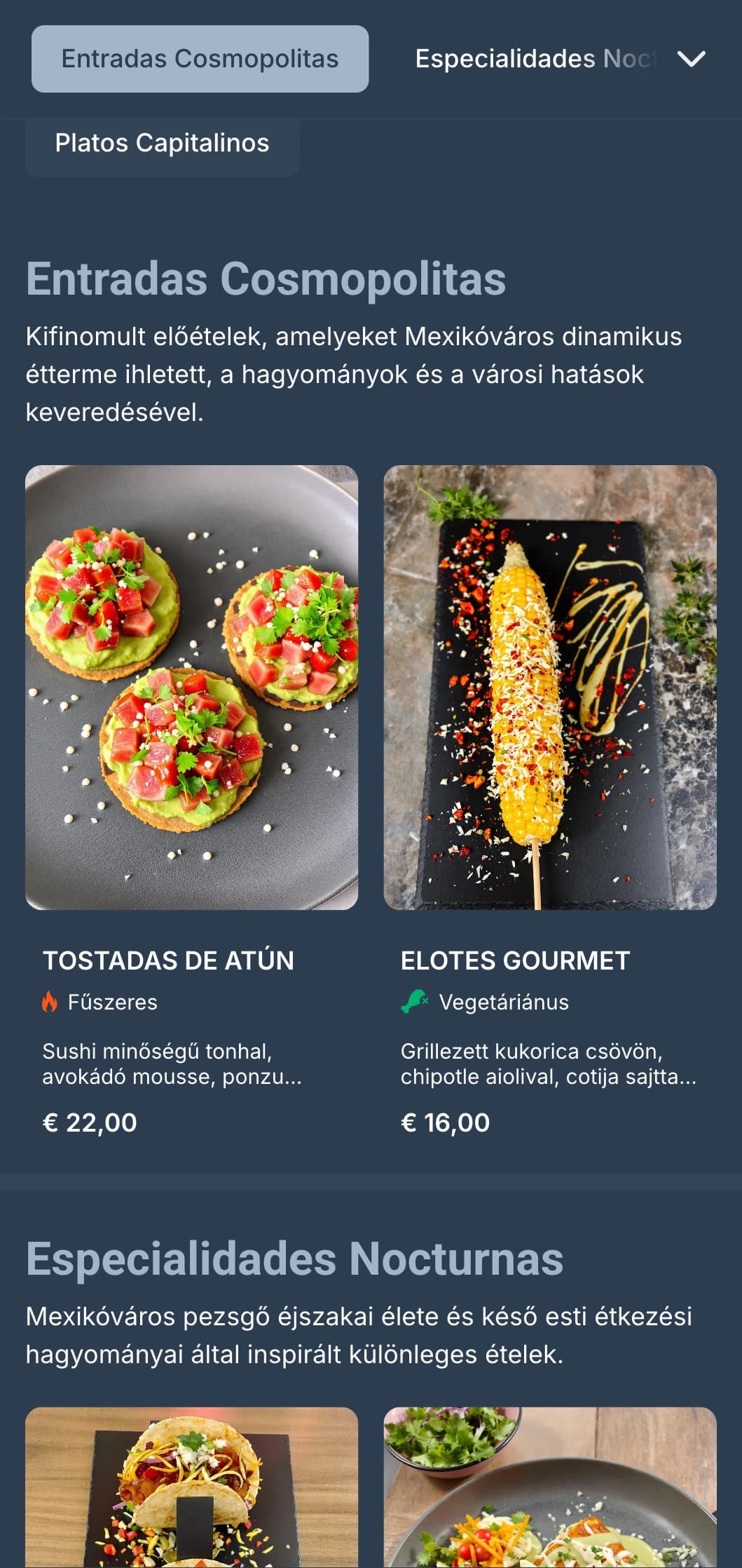 Mexikóváros vibráló éjszakai élete által inspirált kozmopolita mexikói menü, elegáns szürkéskék tónusokkal, városi képekkel és kortárs konyhával.