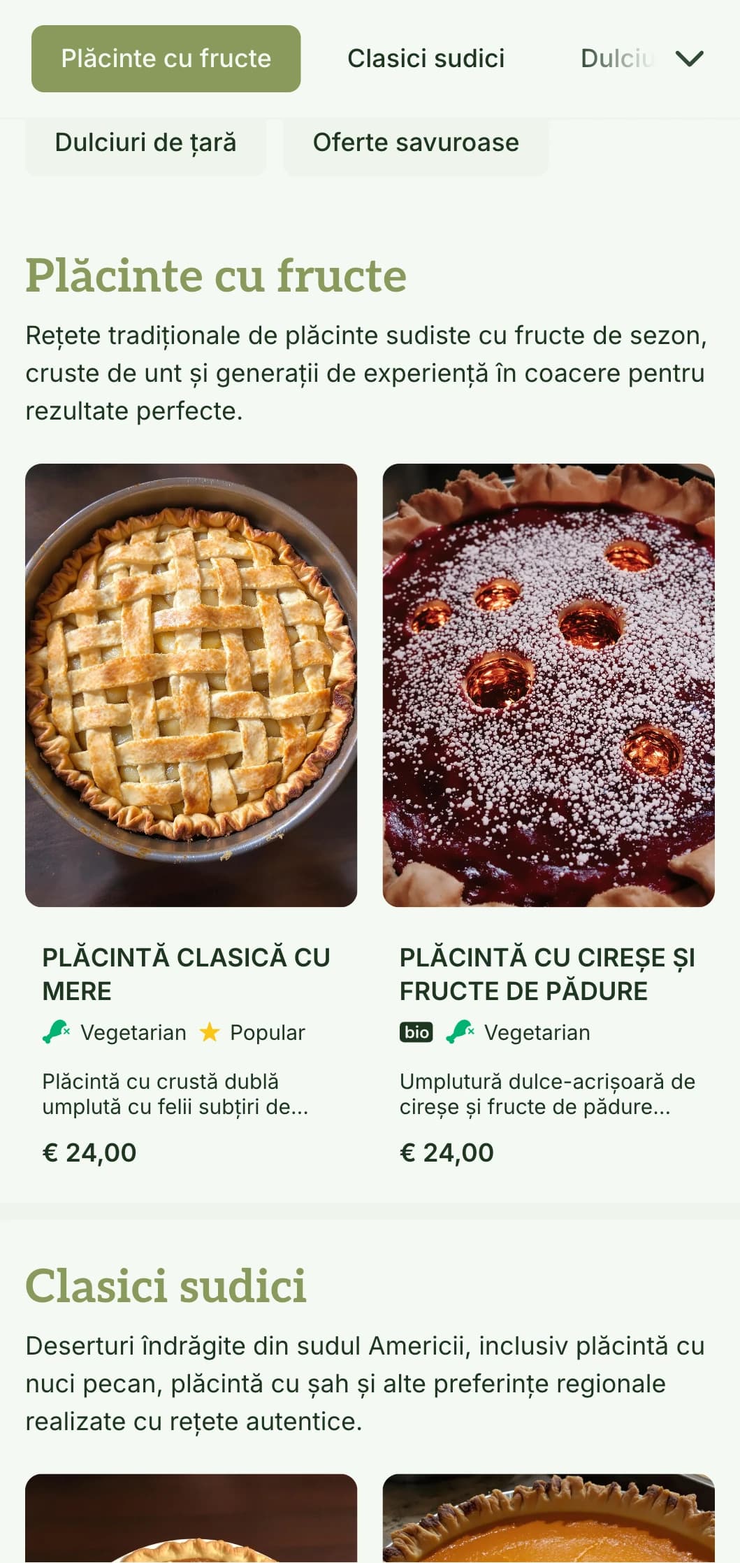 Un meniu de brutărie cald, de inspirație sudică, cu tonuri măslinii și tipografie tradițională, perfect pentru magazinele de plăcinte și brutăriile în stil sudic.