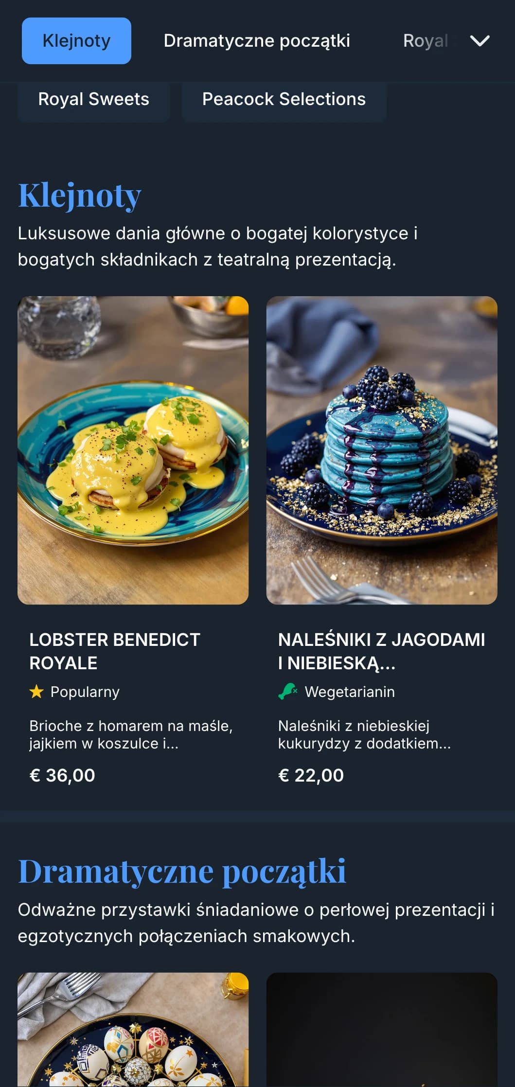 Szablon brunchowy o bogatej, biżuteryjnej kolorystyce z eleganckimi detalami, odpowiedni do luksusowych kawiarni i brunchów na specjalne okazje.