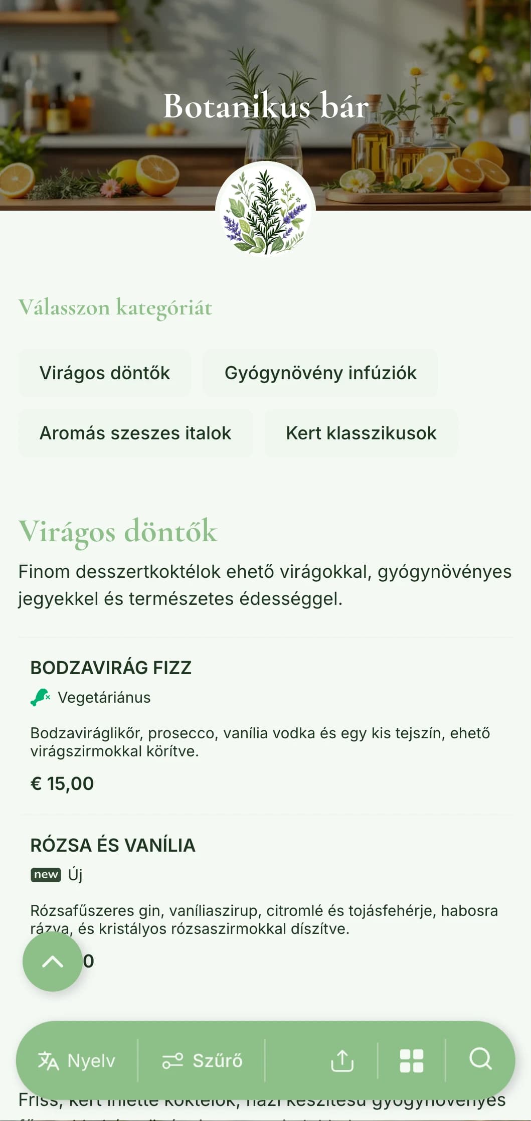 Friss, kerti ihletésű menüterv a gyógynövényes és botanikus koktélokra specializálódott bárok számára.
