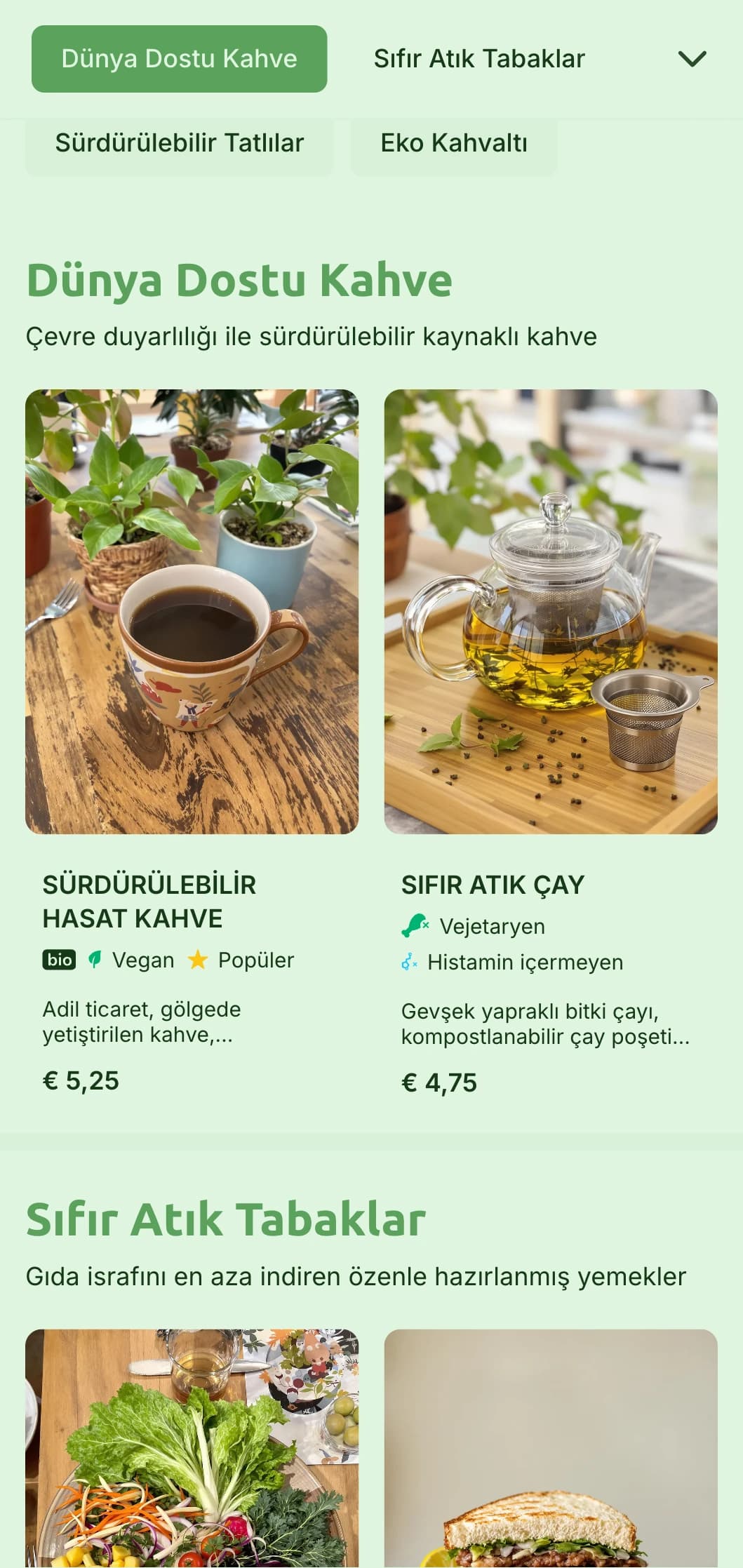 Çiftlikten sofraya kafeler ve eko-yemekhaneler için organik malzemeleri vurgulayan toprak yeşili tasarım.