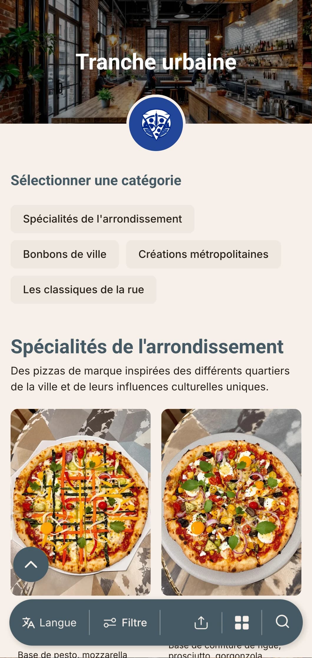 Carte de pizzas urbaine et contemporaine avec des éléments de design industriel, parfaite pour les pizzerias du centre ville.