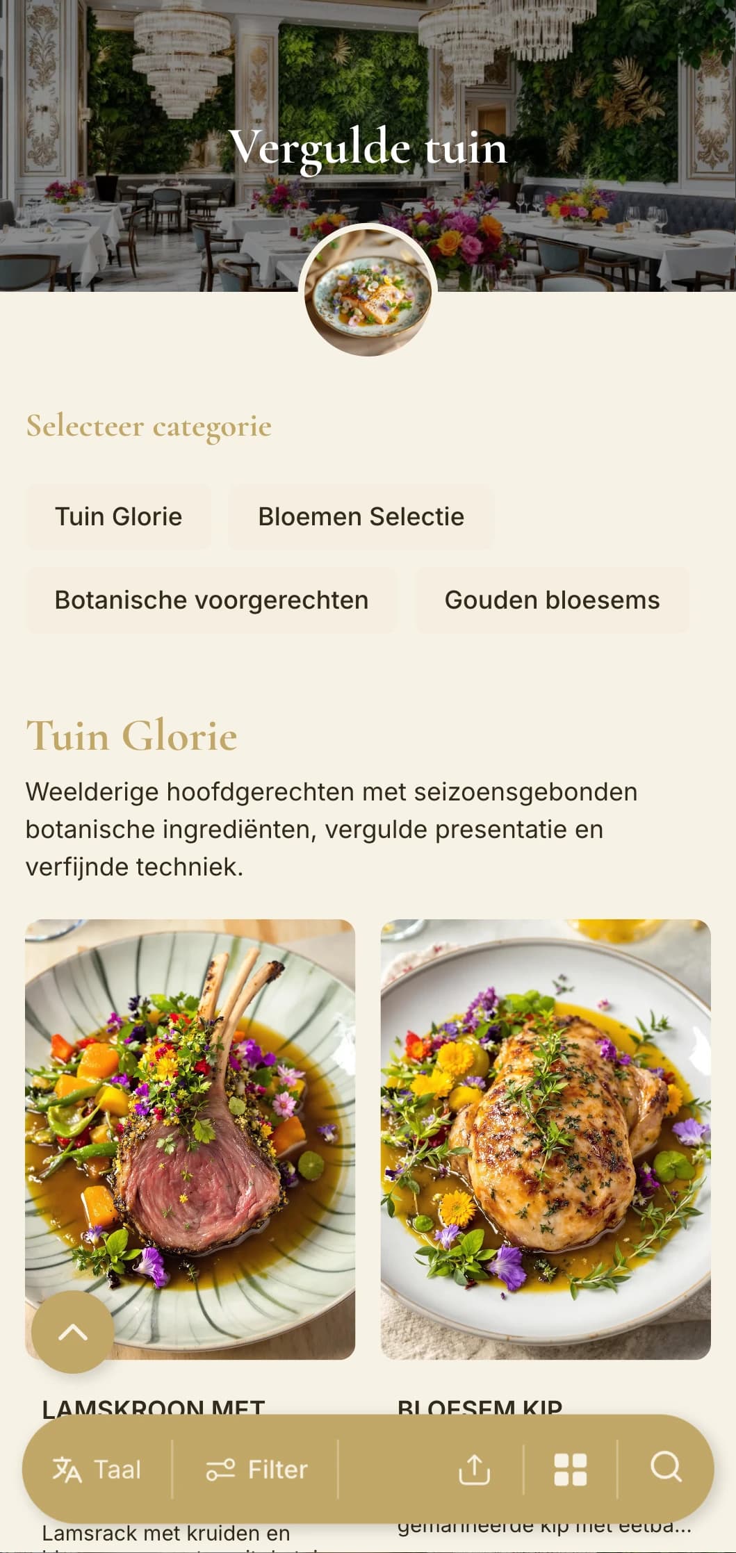 Weelderig botanisch concept dat weelderig groen combineert met gouden accenten en verfijnde, op de tuin geïnspireerde elementen.