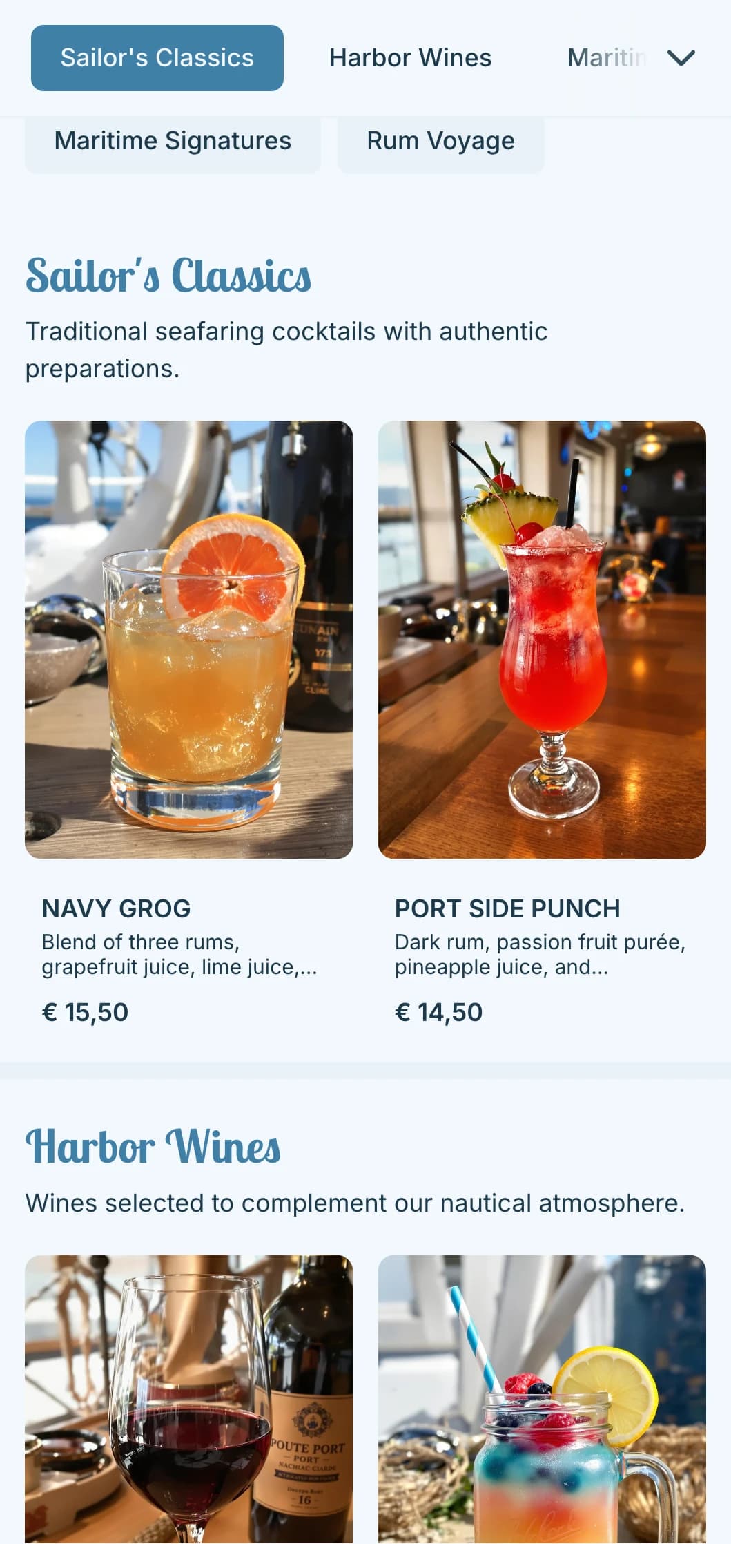 Sea-inspired blue design with nautical elements for harbor-side pubs.