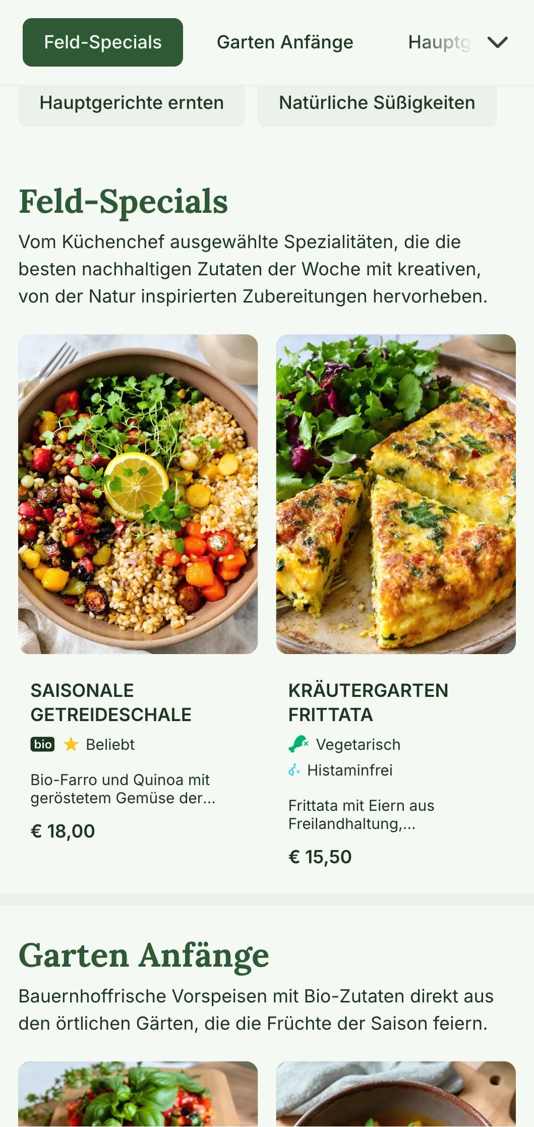 Frische, von der Natur inspirierte Mittagsmenüs mit saisonalen Zutaten und Angeboten vom Bauernhof, ideal für Cafés und Restaurants mit dem Schwerpunkt auf gesunden, biologischen Mittagsgerichten.