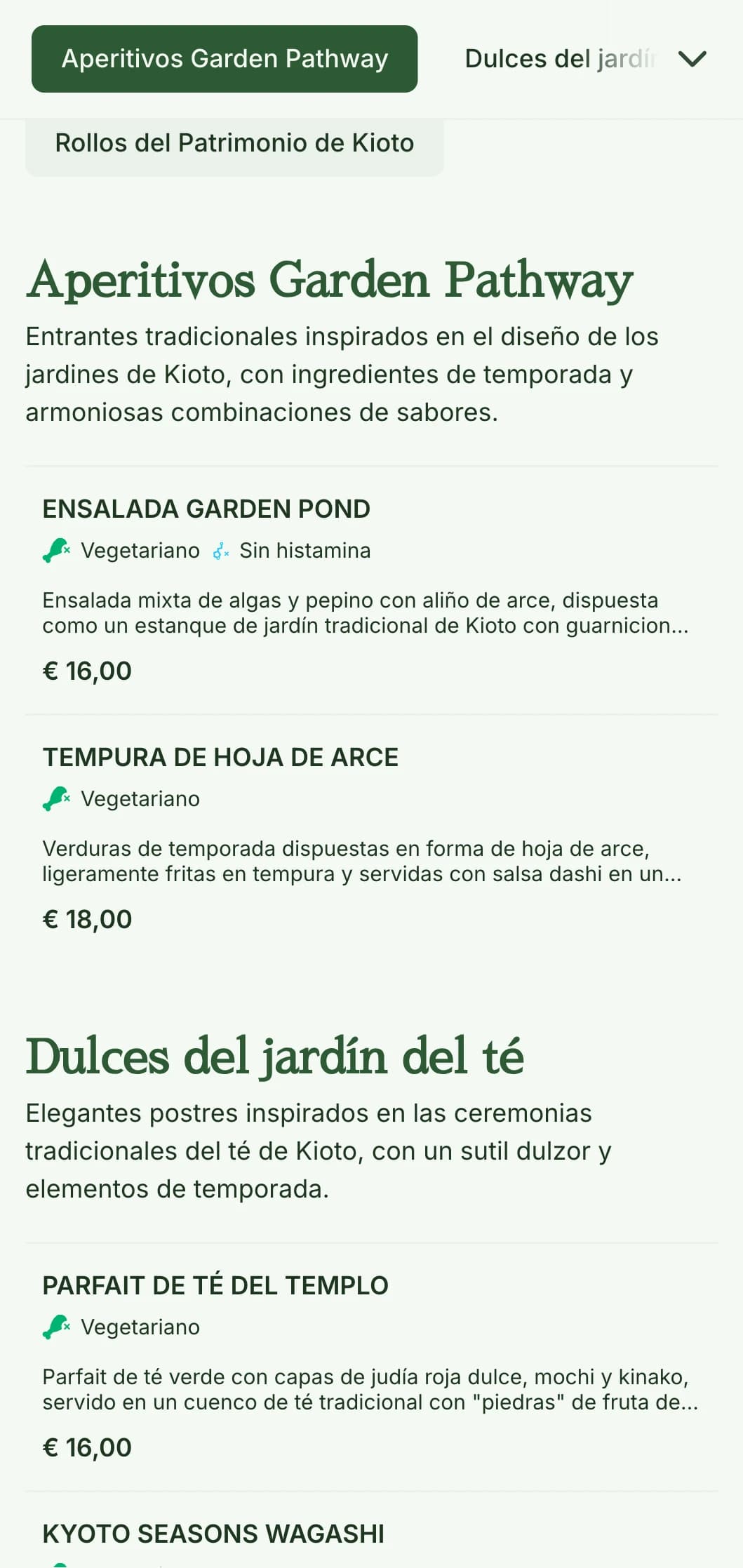 Menú de sushi tradicional japonés inspirado en los jardines, con serenos tonos verdes y elementos clásicos.