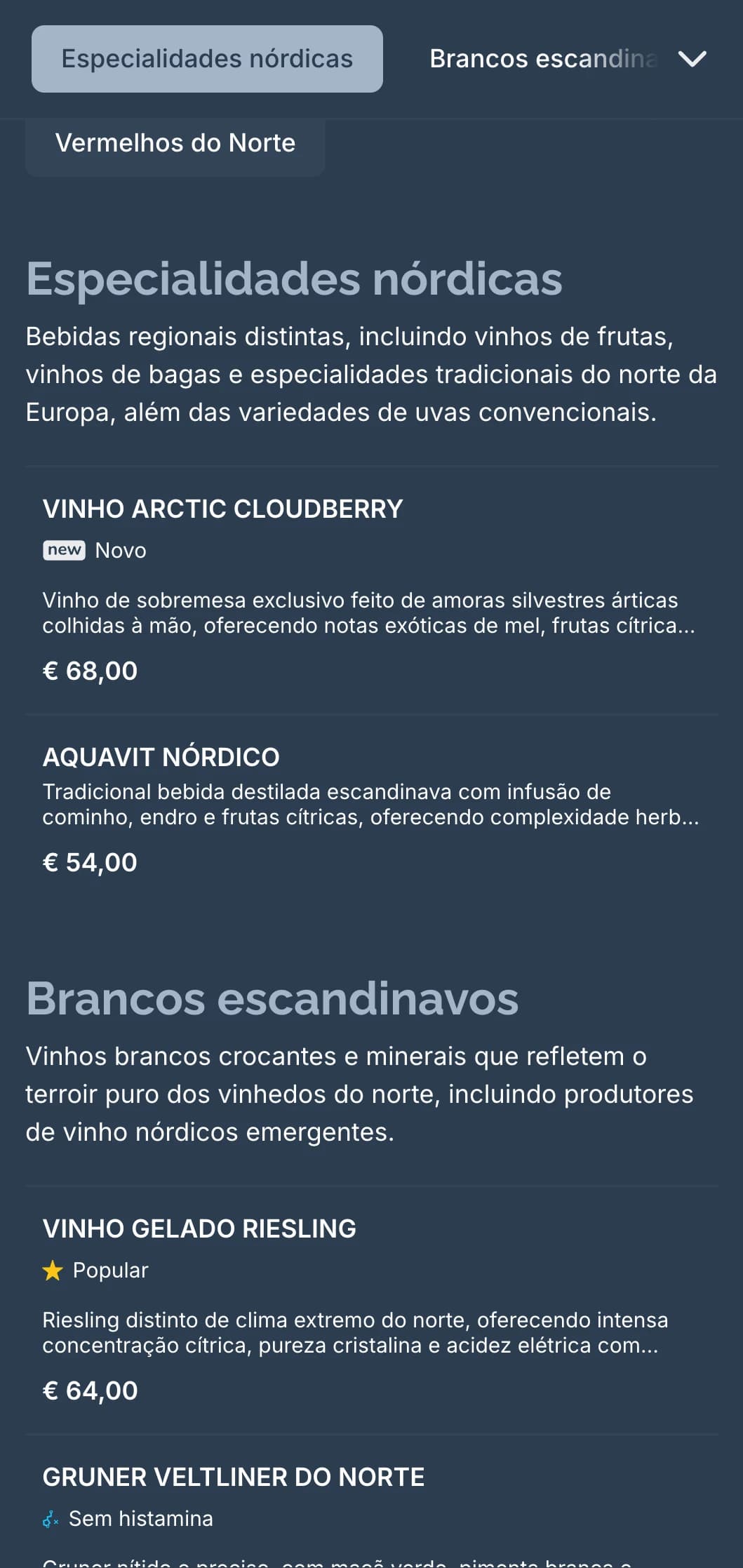 Modelo de carta de vinhos de inspiração escandinava com tons azuis frios e design minimalista, ideal para restaurantes nórdicos contemporâneos e bares de vinho internacionais.