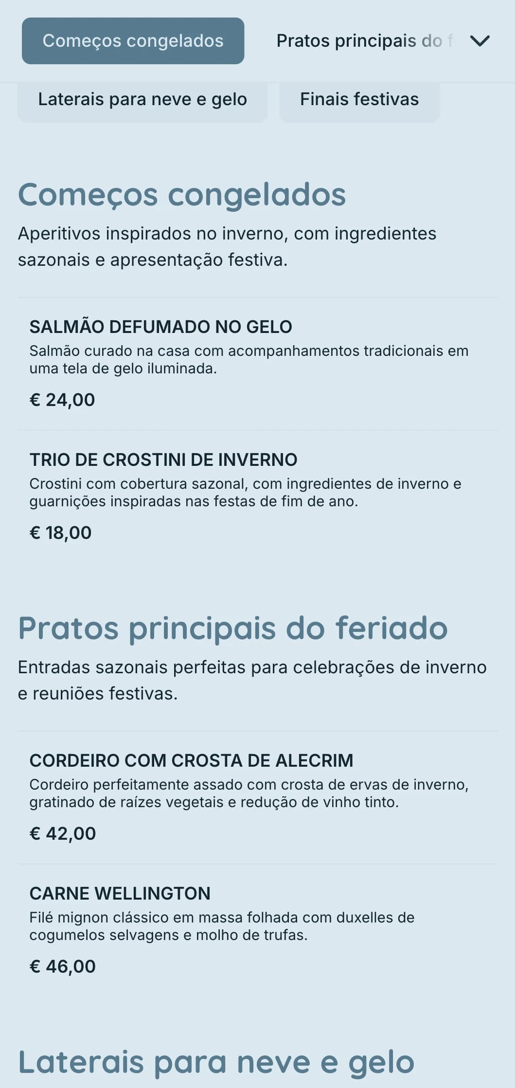 Serviço de bufê com tema de inverno mágico, com ingredientes sazonais, apresentação dramática e elementos aconchegantes para festas de fim de ano e eventos de inverno.