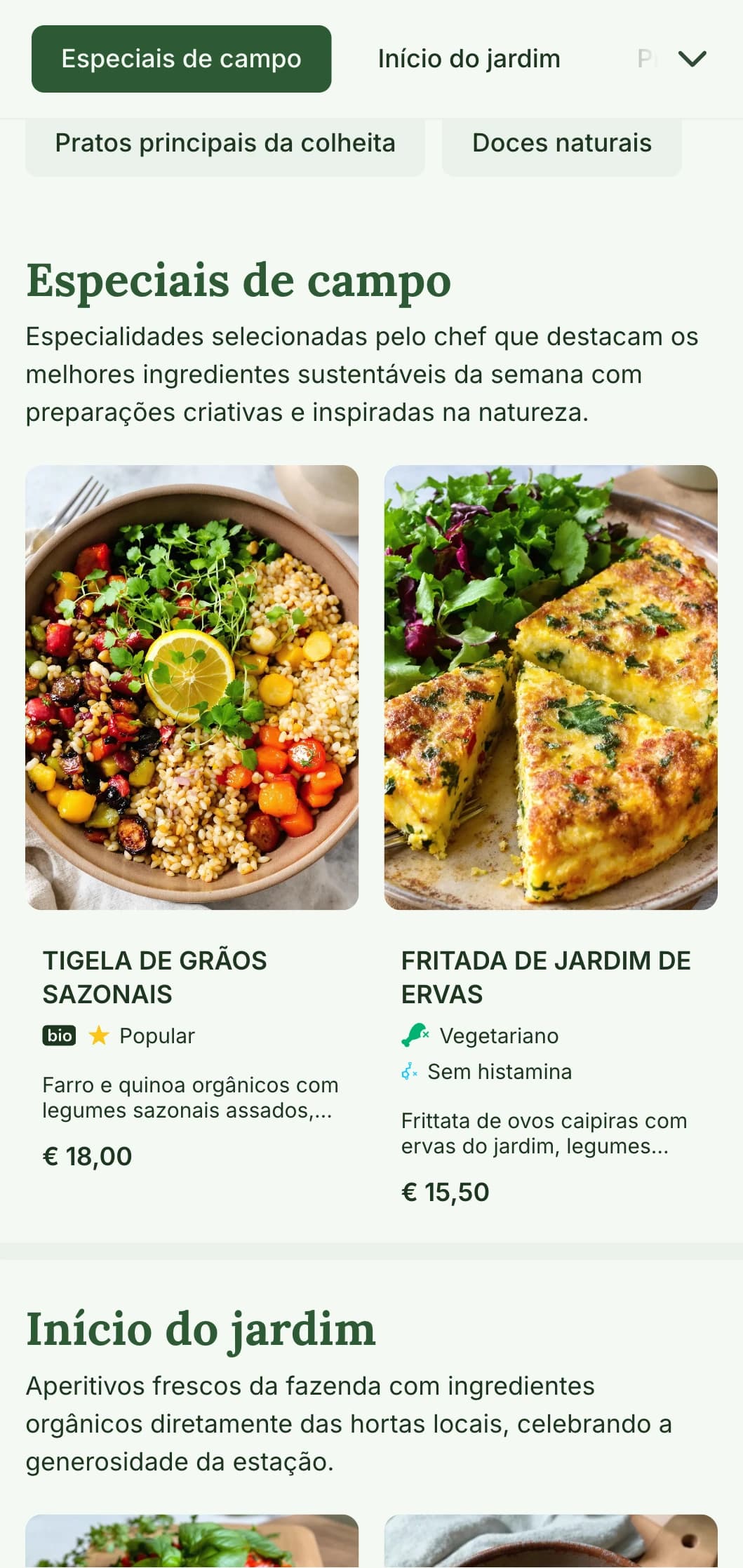 Design de cardápio de almoço fresco e inspirado na natureza, destacando ingredientes sazonais e ofertas da fazenda para a mesa, ideal para cafés e restaurantes com foco em refeições saudáveis e orgânicas ao meio-dia.