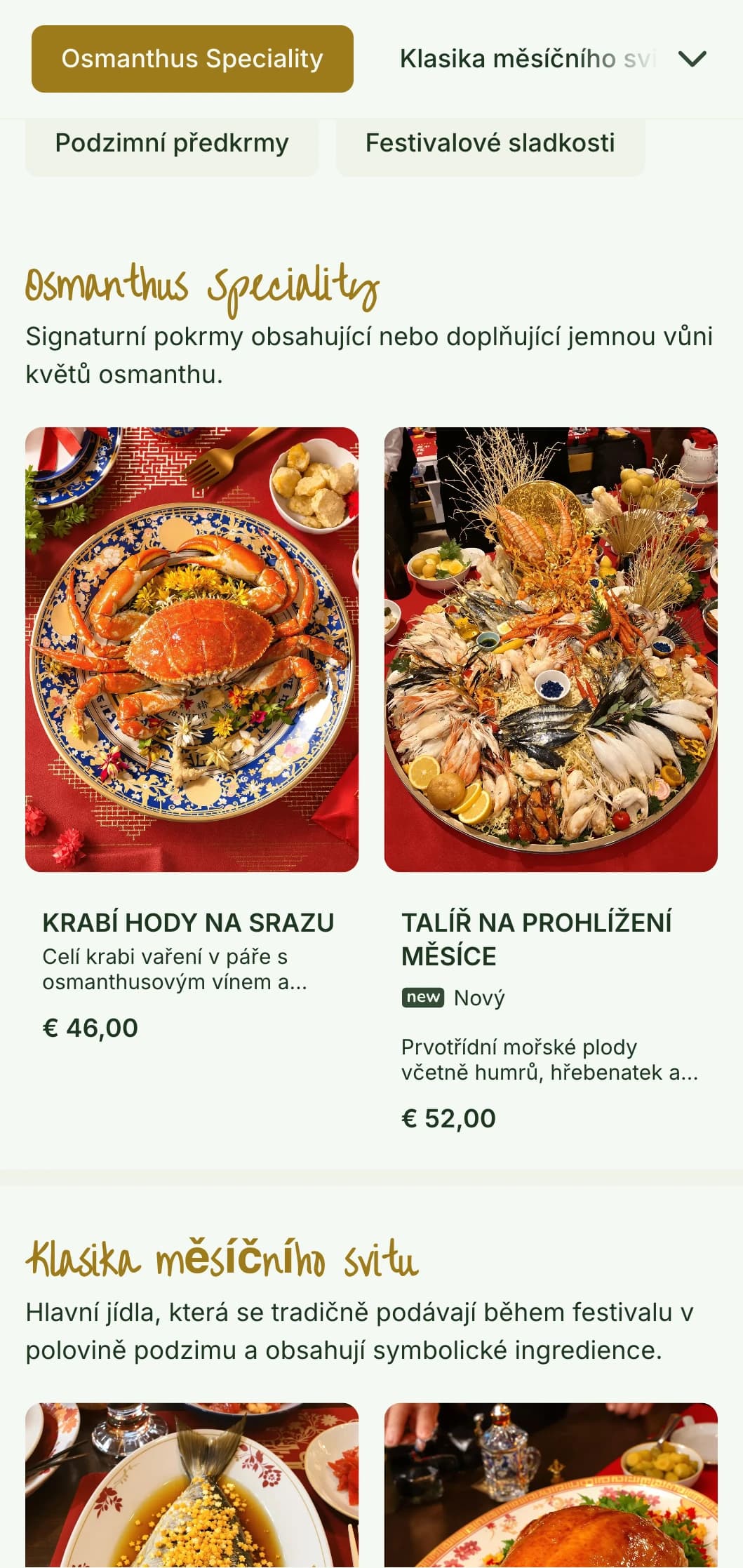 Klidný čínský design jídelního lístku inspirovaný květy osmanthu a tradicemi měsíčních svátků s botanickými prvky.