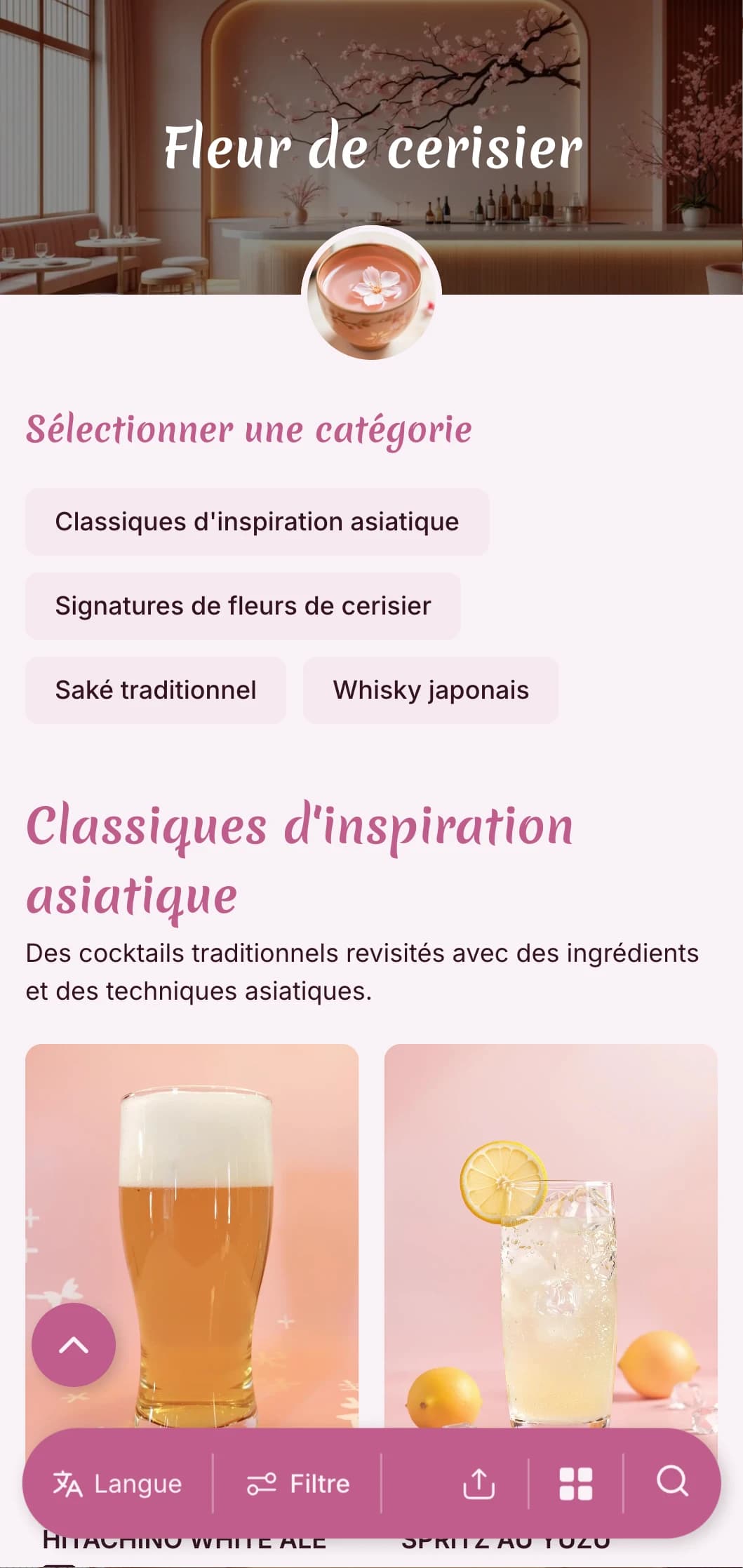 Design rose délicat inspiré de l'esthétique japonaise pour les bars à saké et les bars de fusion asiatique.
