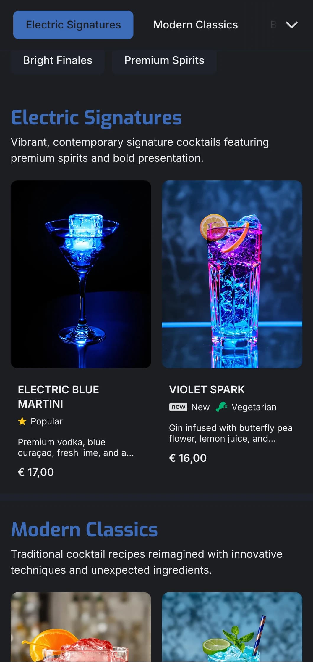 A vibrant, contemporary design for modern cocktail bars and lounges featuring electric blue accents and clean typography.