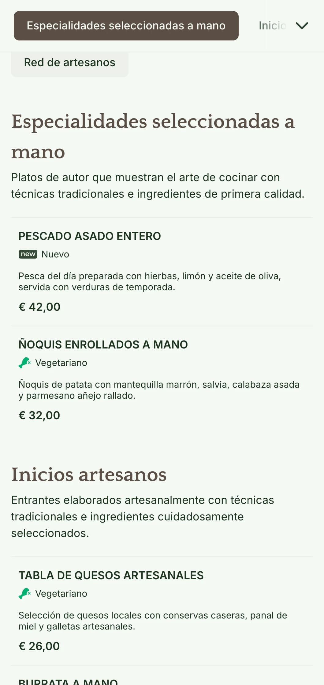 Un menú de cena cálido y artesanal con elementos de diseño inspirados en la artesanía y tonos terrosos, perfecto para restaurantes centrados en la cocina hecha a mano.