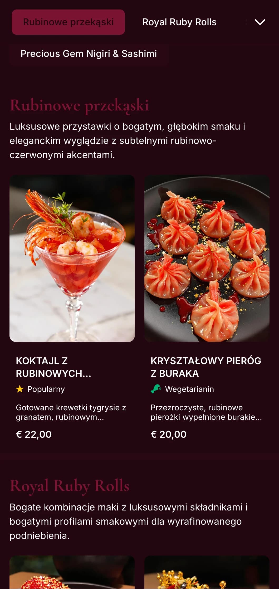 Bogate, inspirowane głęboką czerwienią menu sushi z luksusowymi rubinowymi odcieniami dla azjatyckich restauracji fusion klasy premium.