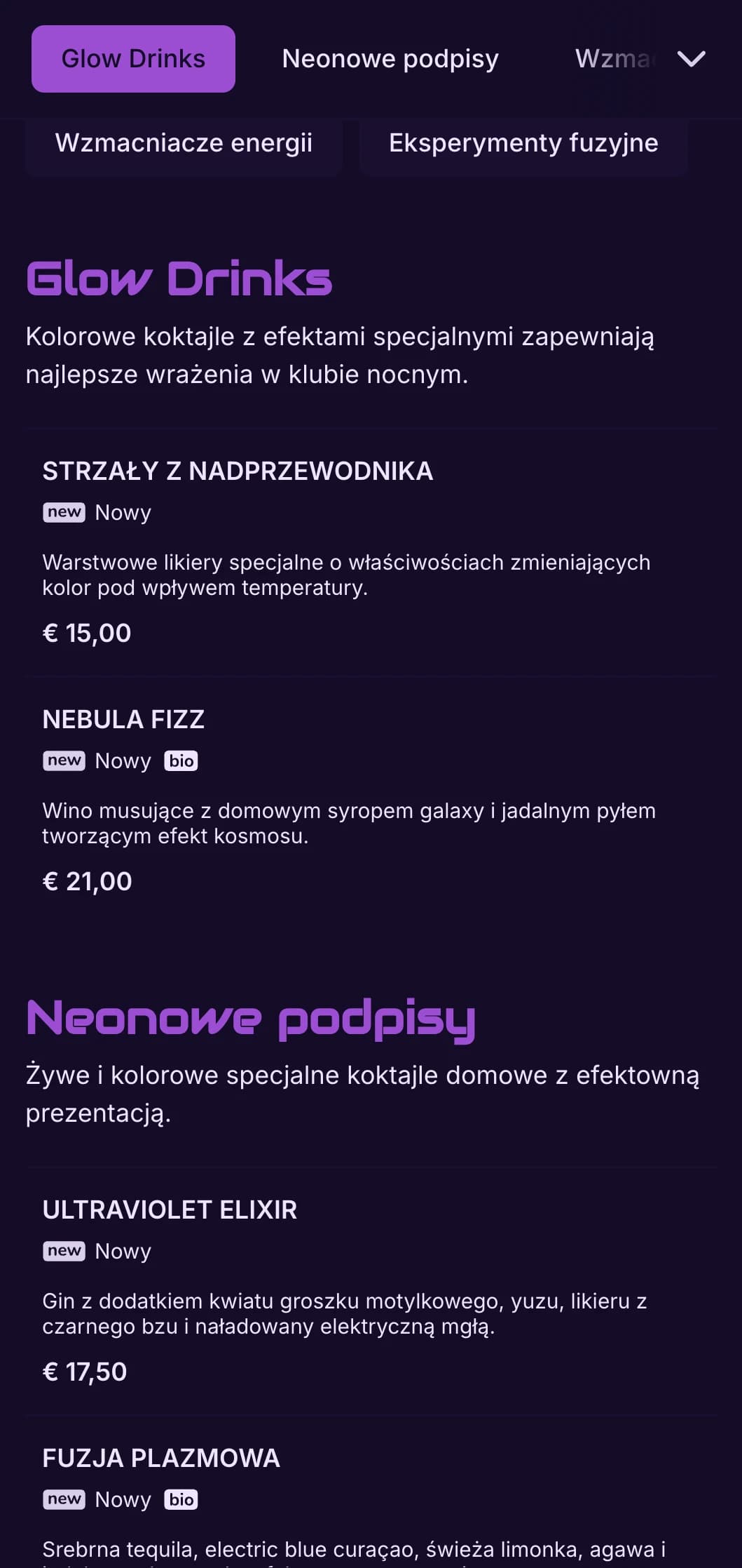 Kontrastowy fioletowo-czarny design z neonowymi elementami dla współczesnych barów koktajlowych.