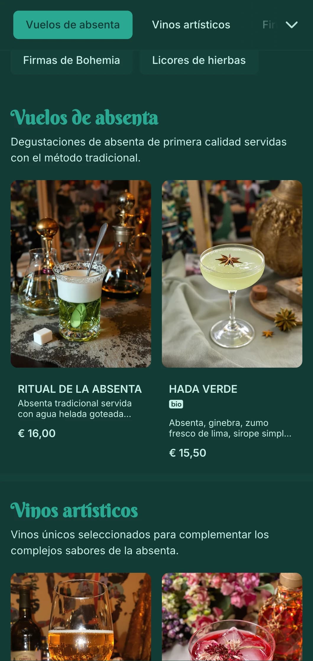 Diseño verde esmeralda con elementos art nouveau para salones de absenta y licores.
