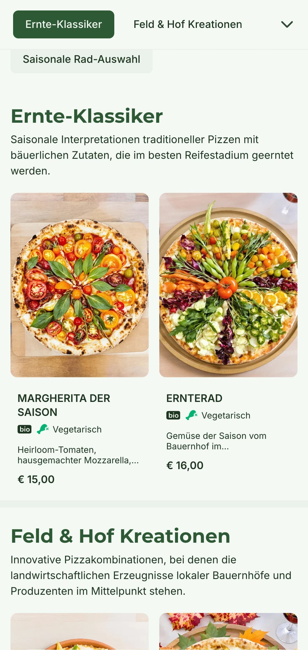 Ein Pizza-Menü vom Bauernhof, bei dem saisonale Zutaten und rustikale Zubereitung im Vordergrund stehen.