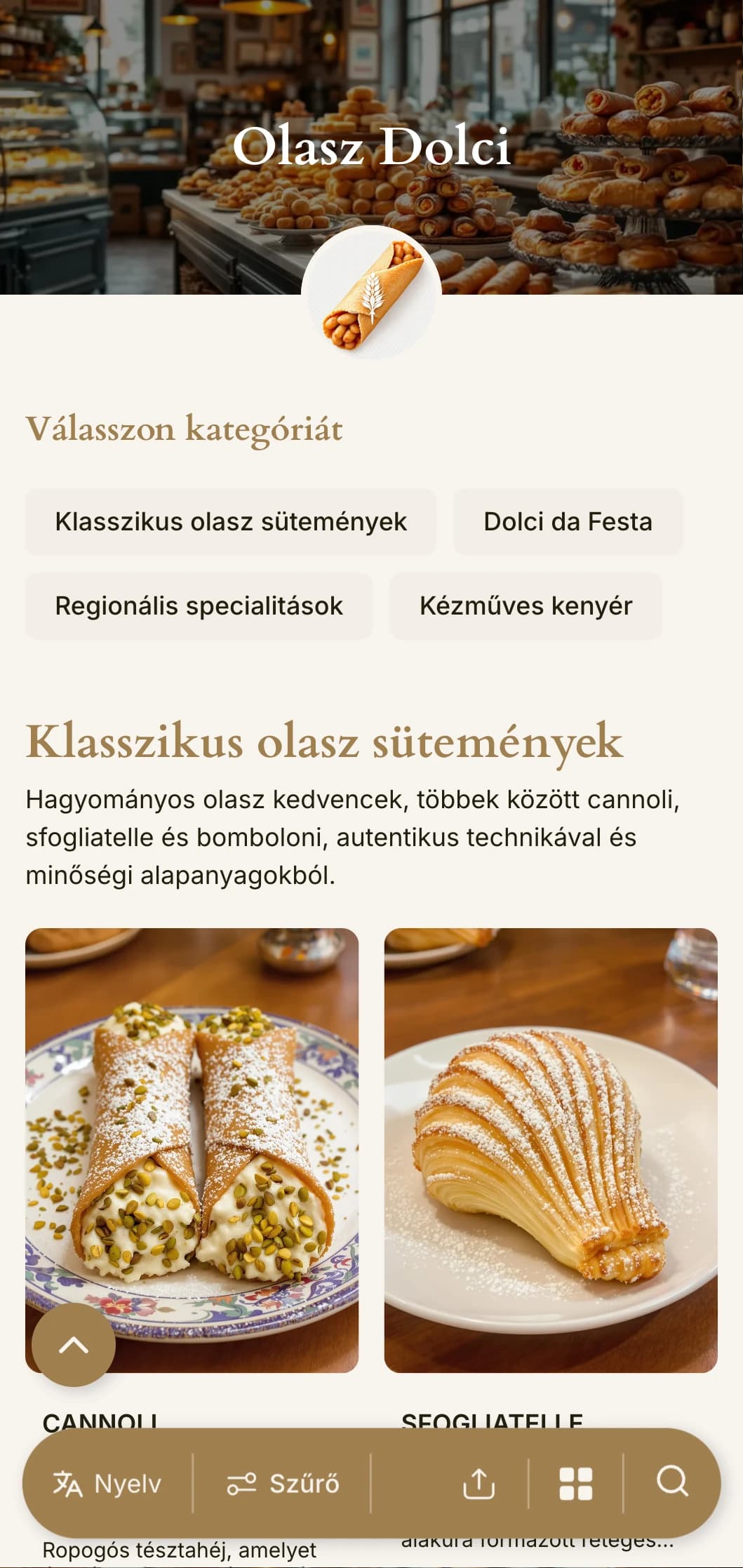 Meleg, mediterrán ihletésű, földes tónusokkal és hagyományos tipográfiával rendelkező pékségi menüterv, amely ideális olasz cukrászdák és desszertkávézók számára.