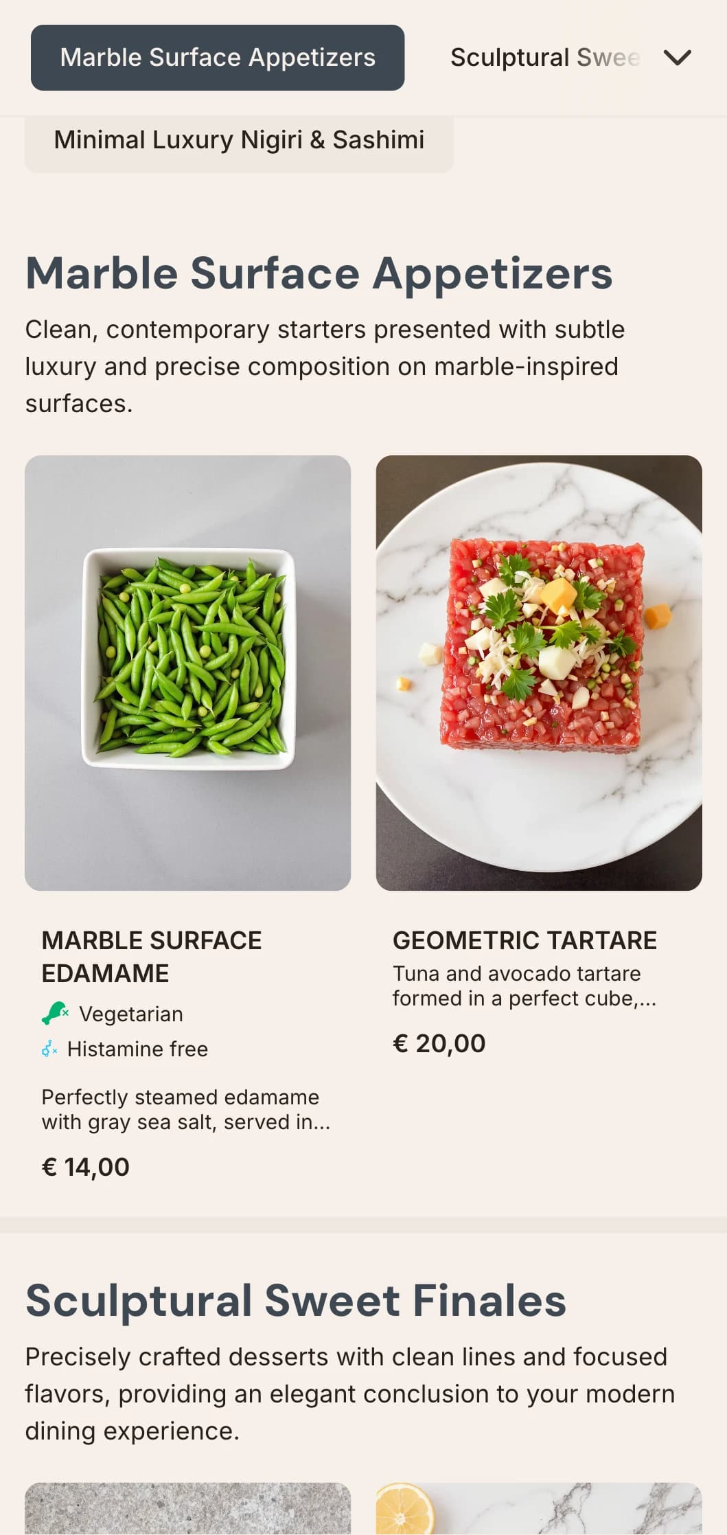 Luxurious contemporary sushi menu featuring subtle marble textures and clean minimalist design.
