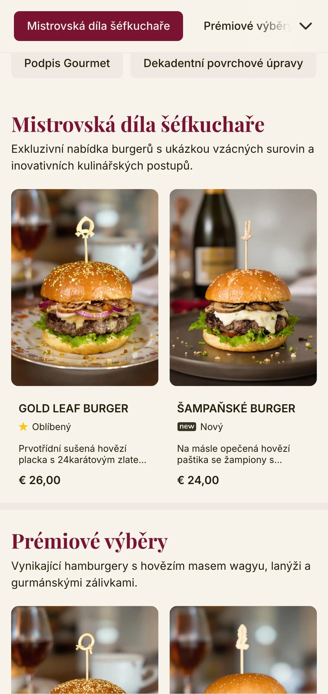 Vyšší úroveň hamburgerů s prvotřídní typografií a bohatou barevnou paletou pro luxusní hamburgerový zážitek.