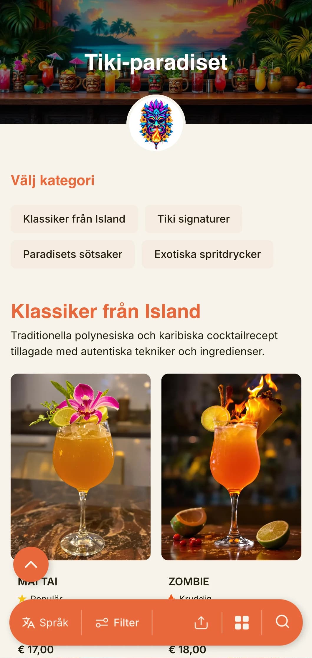 En exotisk, livfull design för tikibarer och tropiska cocktailbarer med lekfull typografi och varma färger.