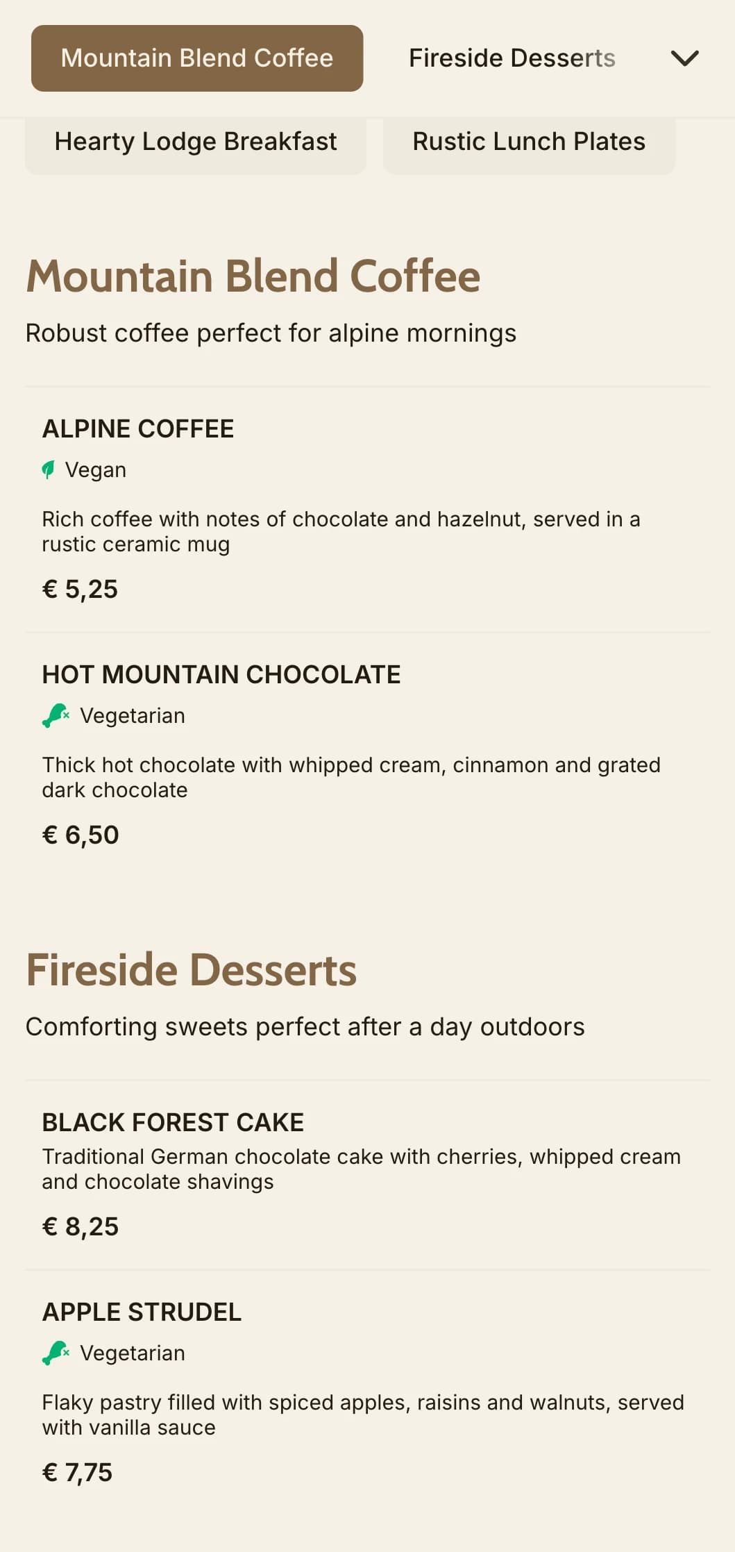 Cozy wood-inspired design with mountain elements for alpine cafes and lodge eateries.