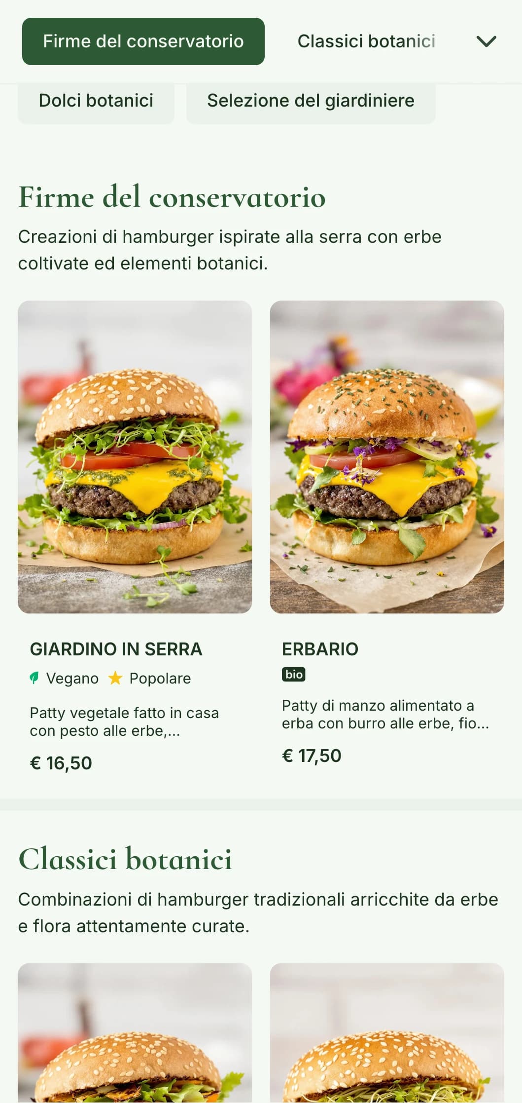 Giardino d'hamburger incentrato sulle piante con elementi di serra e illustrazioni botaniche.