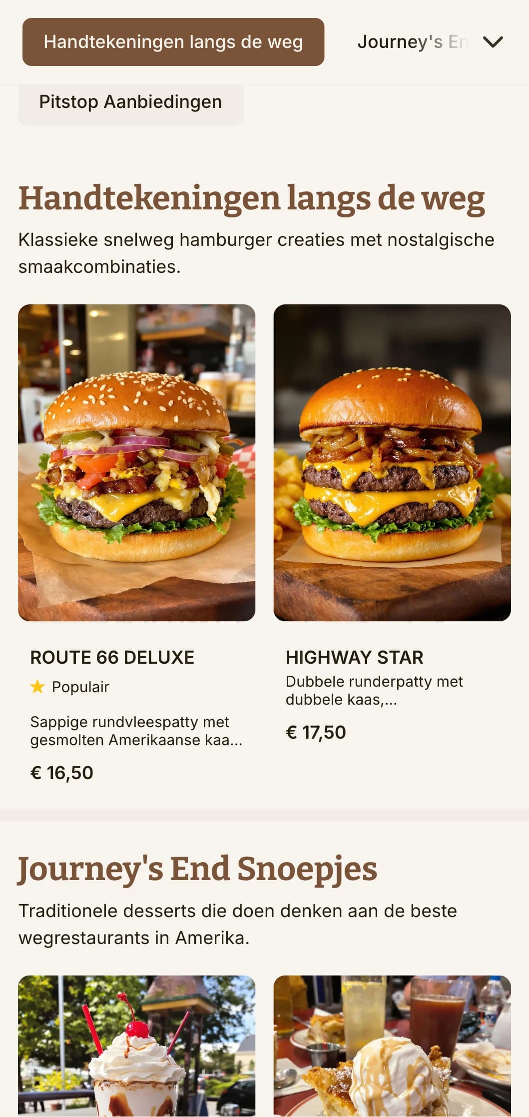 Op de snelweg geïnspireerde hamburgertent met vintage verkeersborden en klassieke Amerikaanse nostalgie van roadtrips.