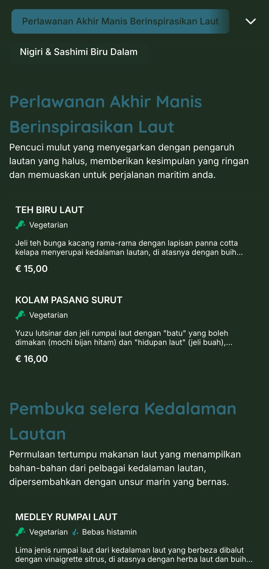Menu sushi biru pekat tenang yang diilhamkan oleh kedalaman lautan, menampilkan unsur marin dan penekanan makanan laut segar.