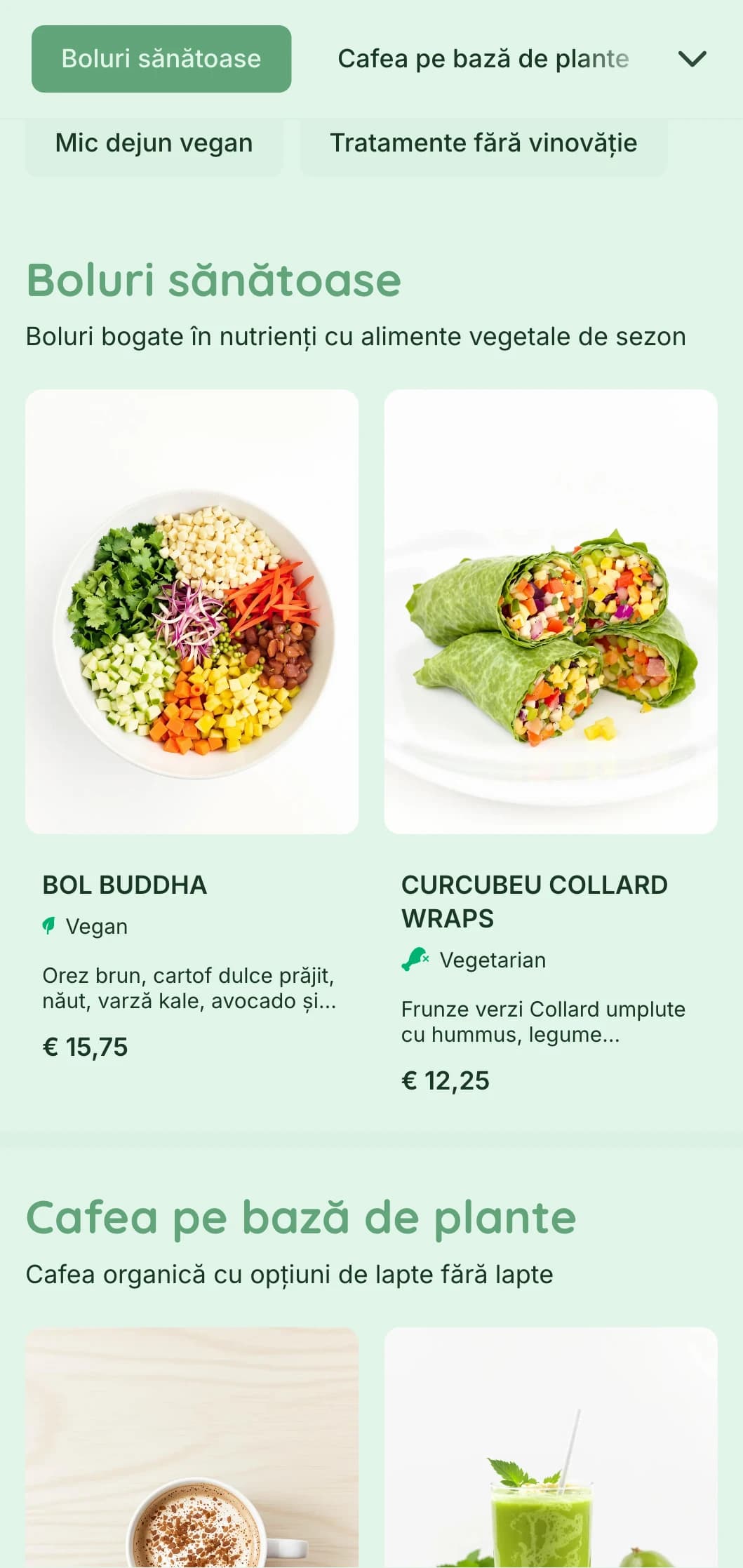 Un design proaspăt și verde care evidențiază ofertele pe bază de plante pentru cafenelele vegane și localurile cu produse alimentare sănătoase.