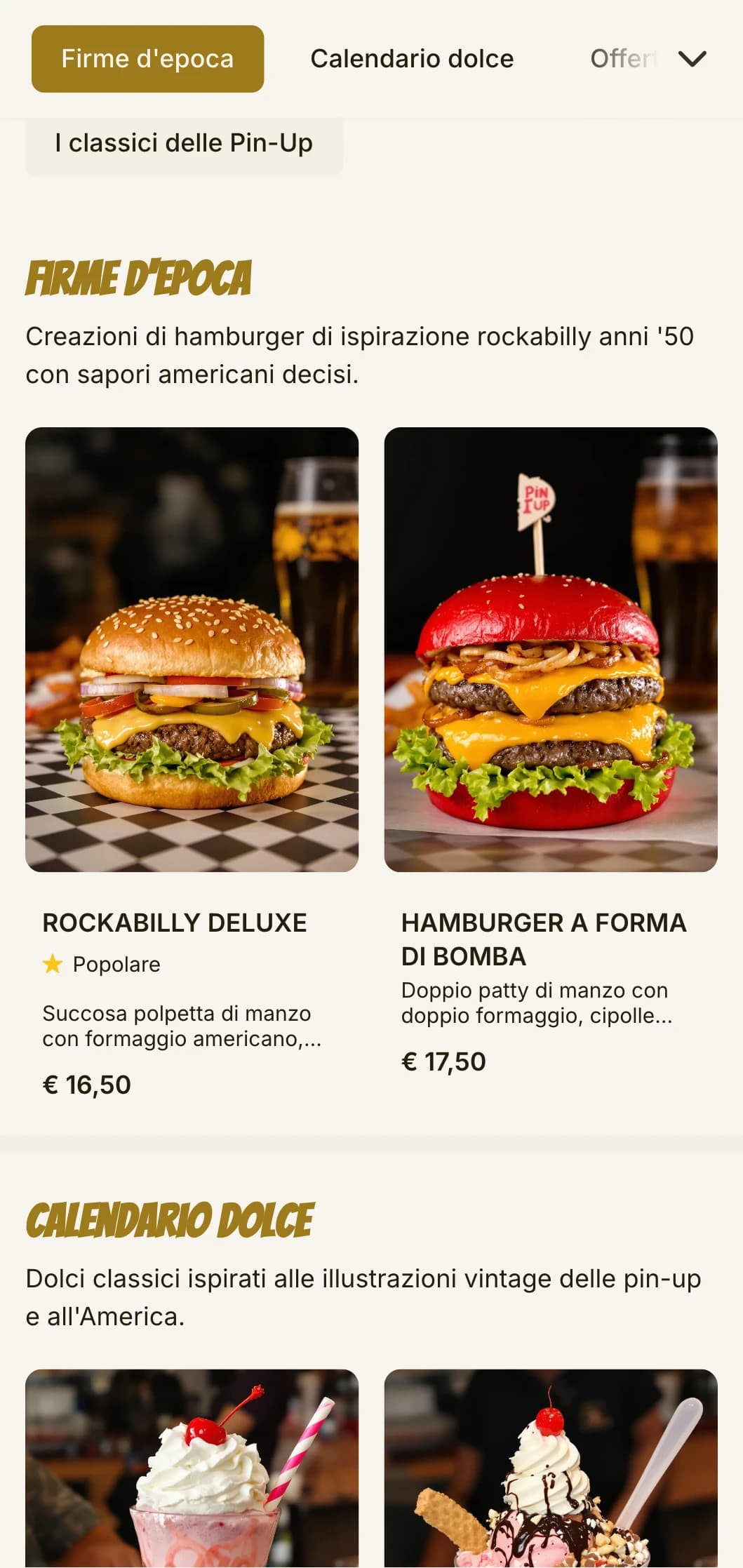 Locale per hamburger di ispirazione rockabilly con pin-up vintage e nostalgia degli anni Cinquanta.