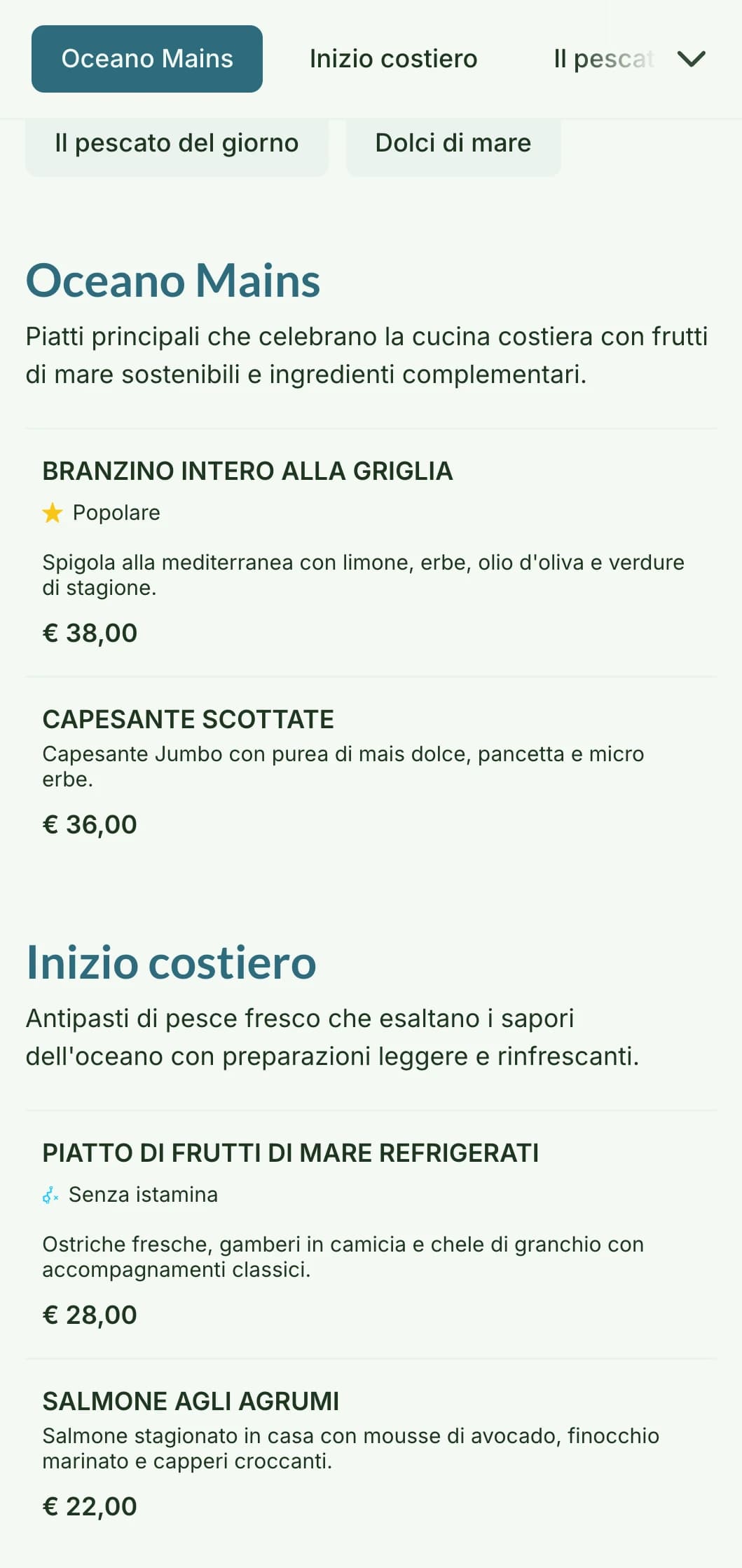 Un design fresco e arioso per il menu della cena ispirato alla vita costiera, caratterizzato da blu tenui e texture naturali, perfetto per i ristoranti di pesce.