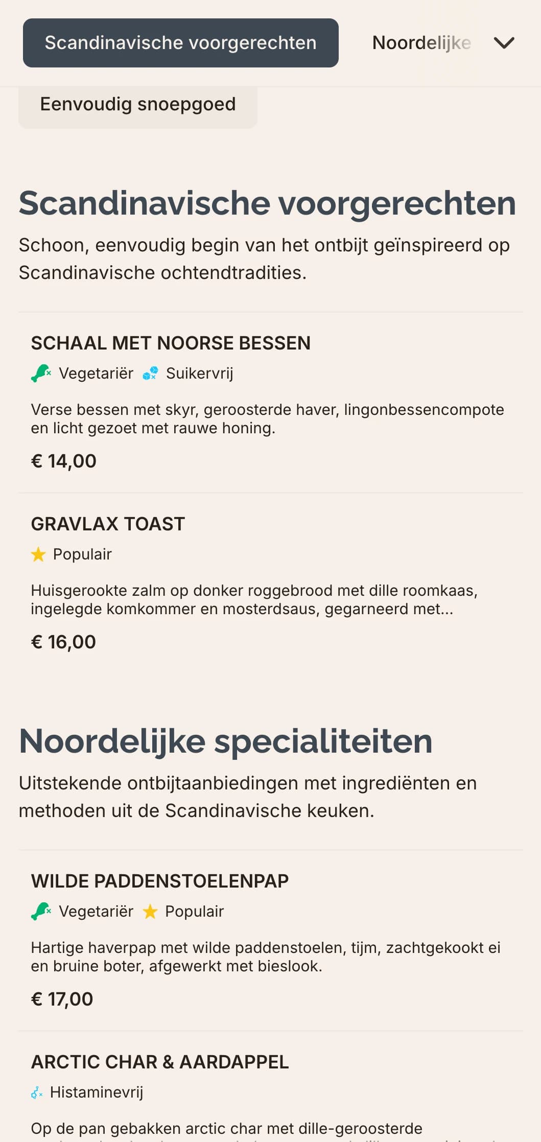 Scandinavisch geïnspireerd ontbijt met pure smaken, eenvoudige ingrediënten en een ingetogen presentatie.