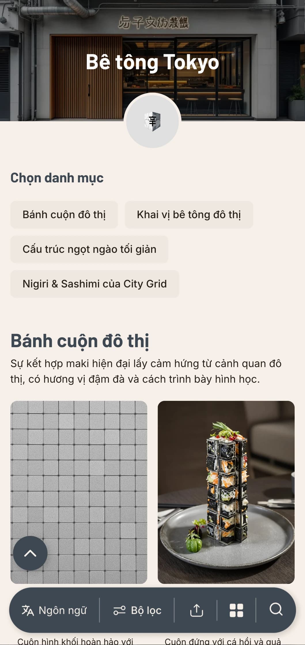 Thực đơn sushi mang phong cách công nghiệp, đô thị với tông màu xám bê tông và thiết kế tối giản dành cho các địa điểm trong thành phố hiện đại.
