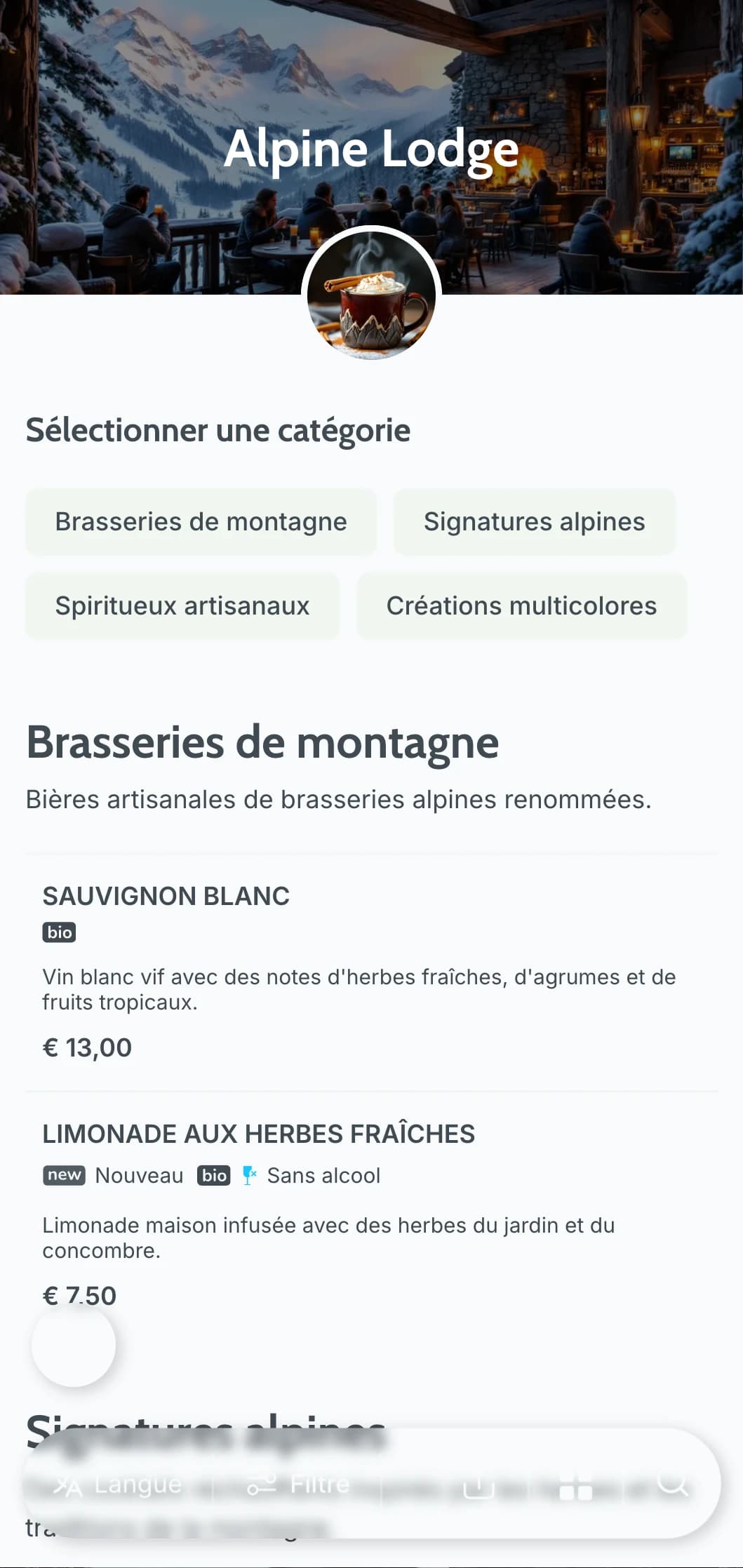 Design gris-bleu inspiré des retraites de montagne pour les bars d'après-ski.
