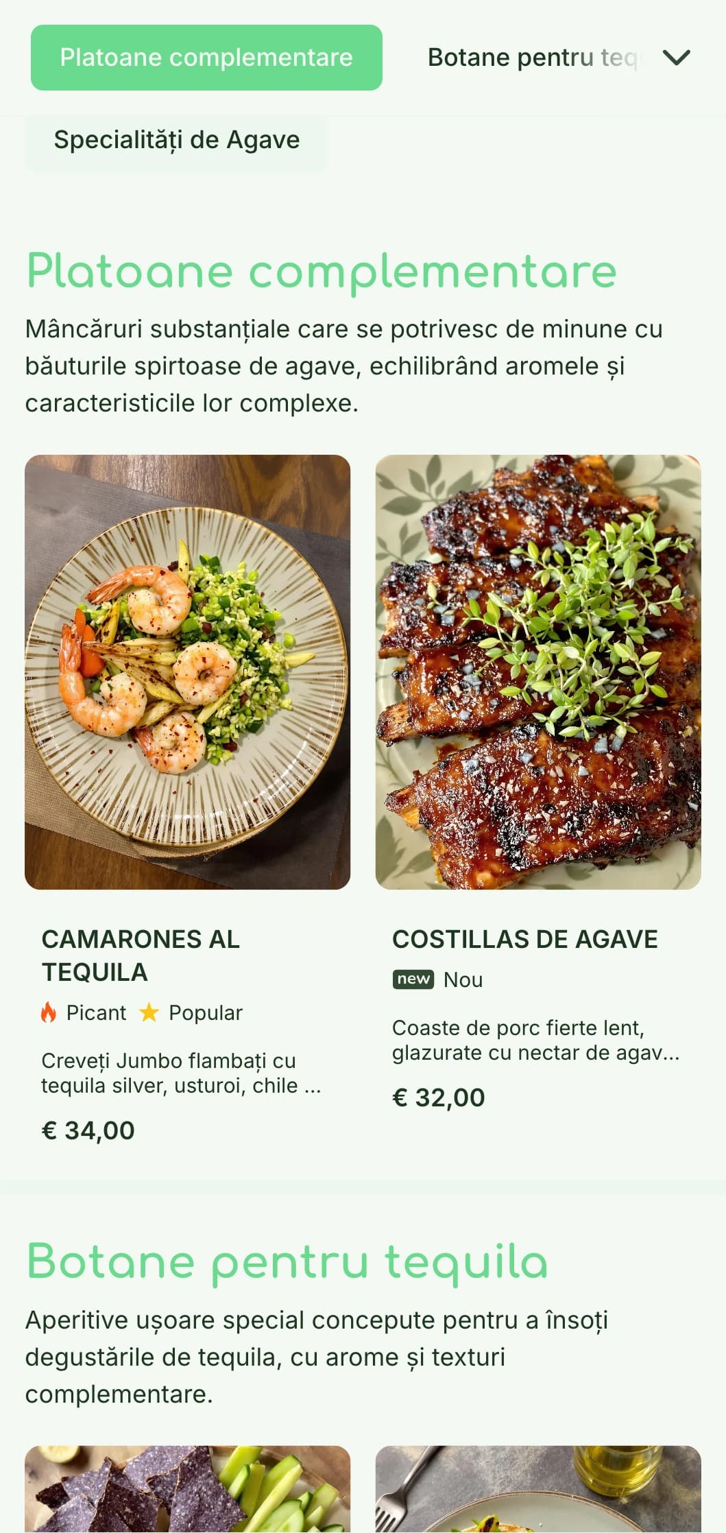 Meniu de bar cu tequila proaspăt și sofisticat, cu accente de agave de un verde strălucitor, elemente botanice și zboruri de băuturi spirtoase premium cu gustări asociate.