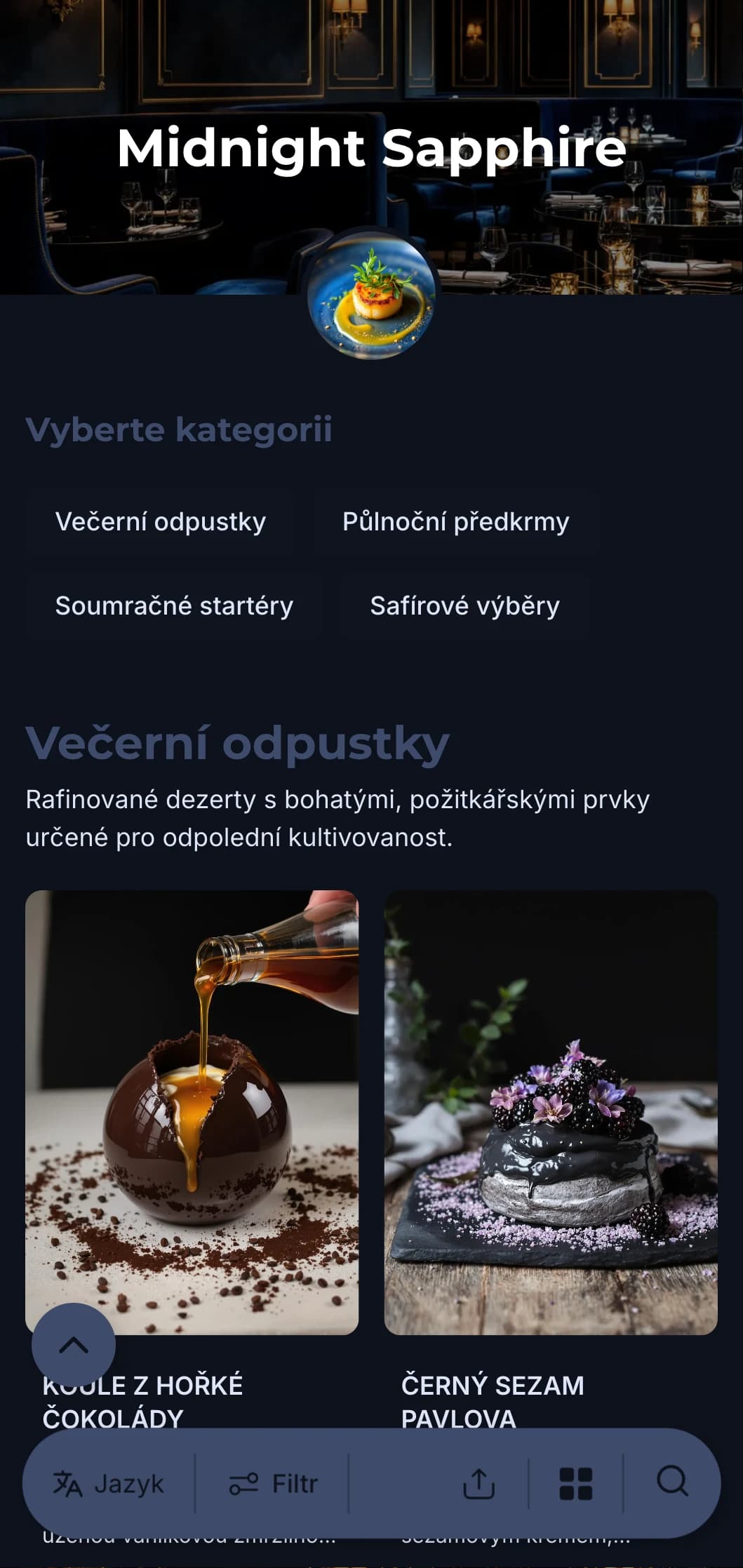 Sofistikovaný koncept restaurace po zavírací době s hlubokými modrými tóny a jemnými luxusními prvky, které vám poskytnou pohlcující kulinářský zážitek.