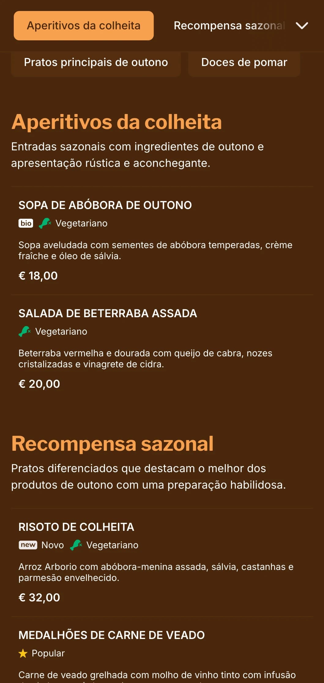 Um cardápio de jantar acolhedor, inspirado no outono, com ricos tons de âmbar, ideal para a culinária sazonal e restaurantes voltados para a colheita.