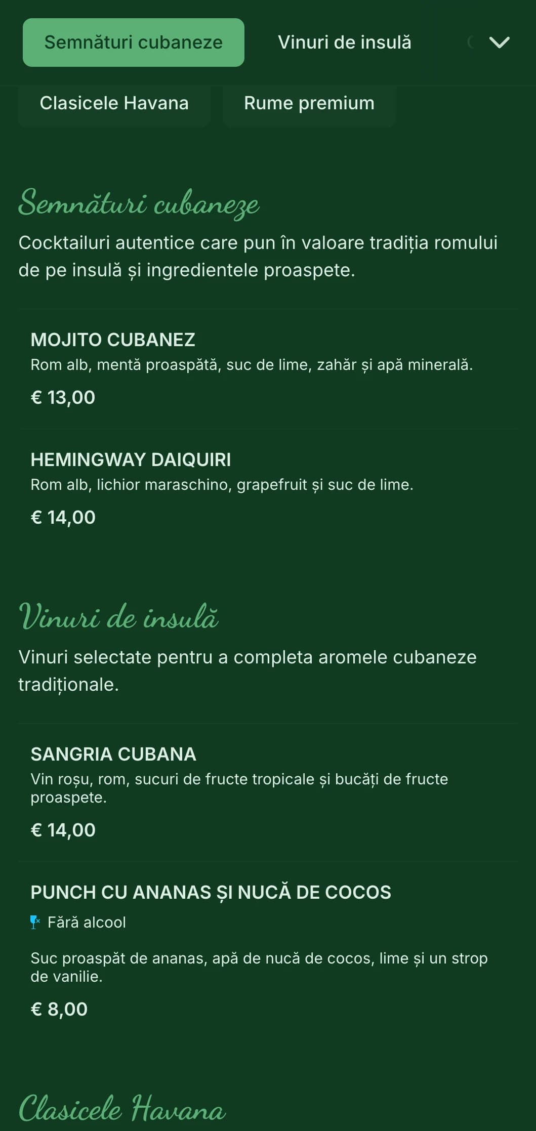 Design verde tropical cu elemente vintage pentru baruri cu rom de inspirație cubaneză.
