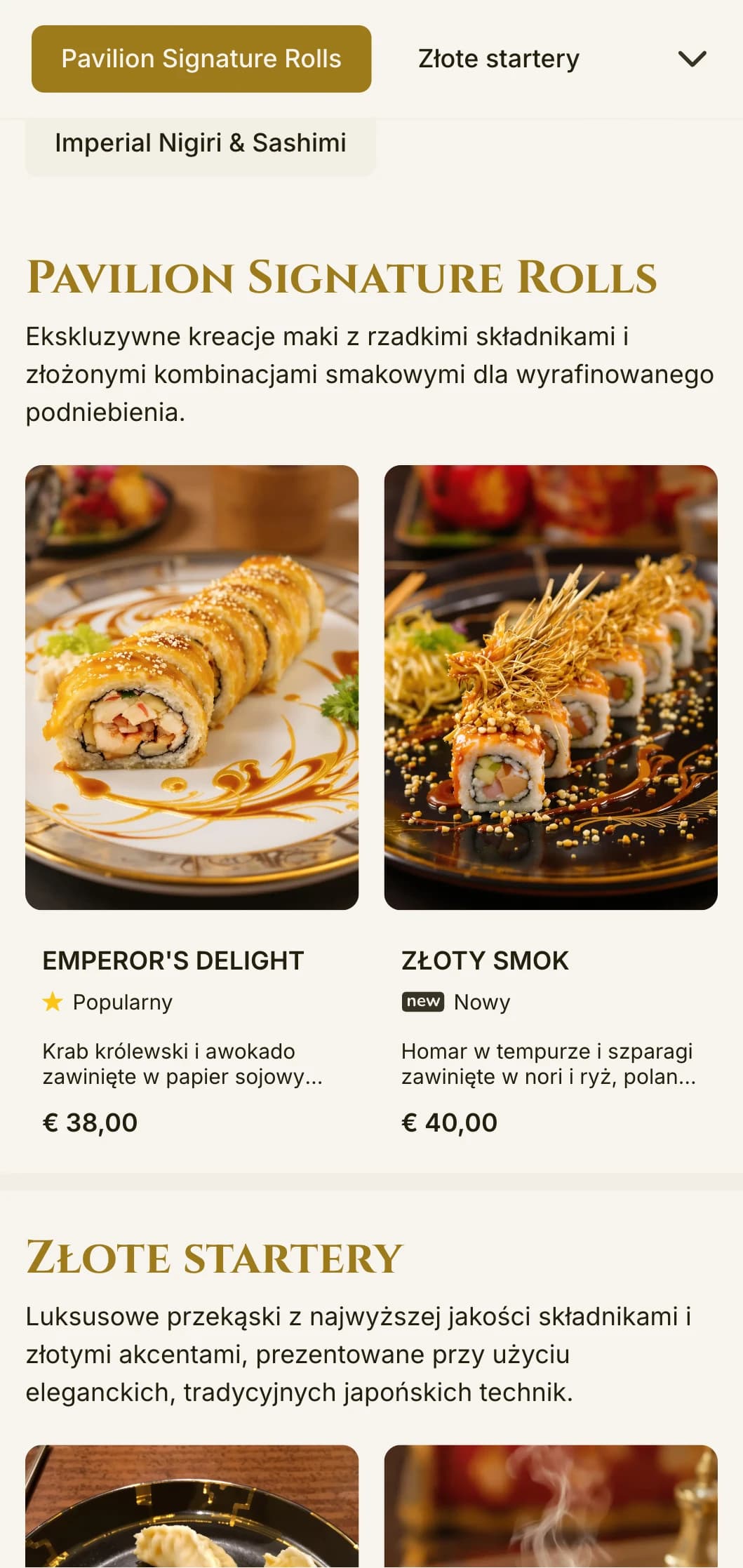Luksusowe, złocone menu sushi inspirowane słynną świątynią w Kioto, z elegancką typografią i tradycyjnymi elementami.