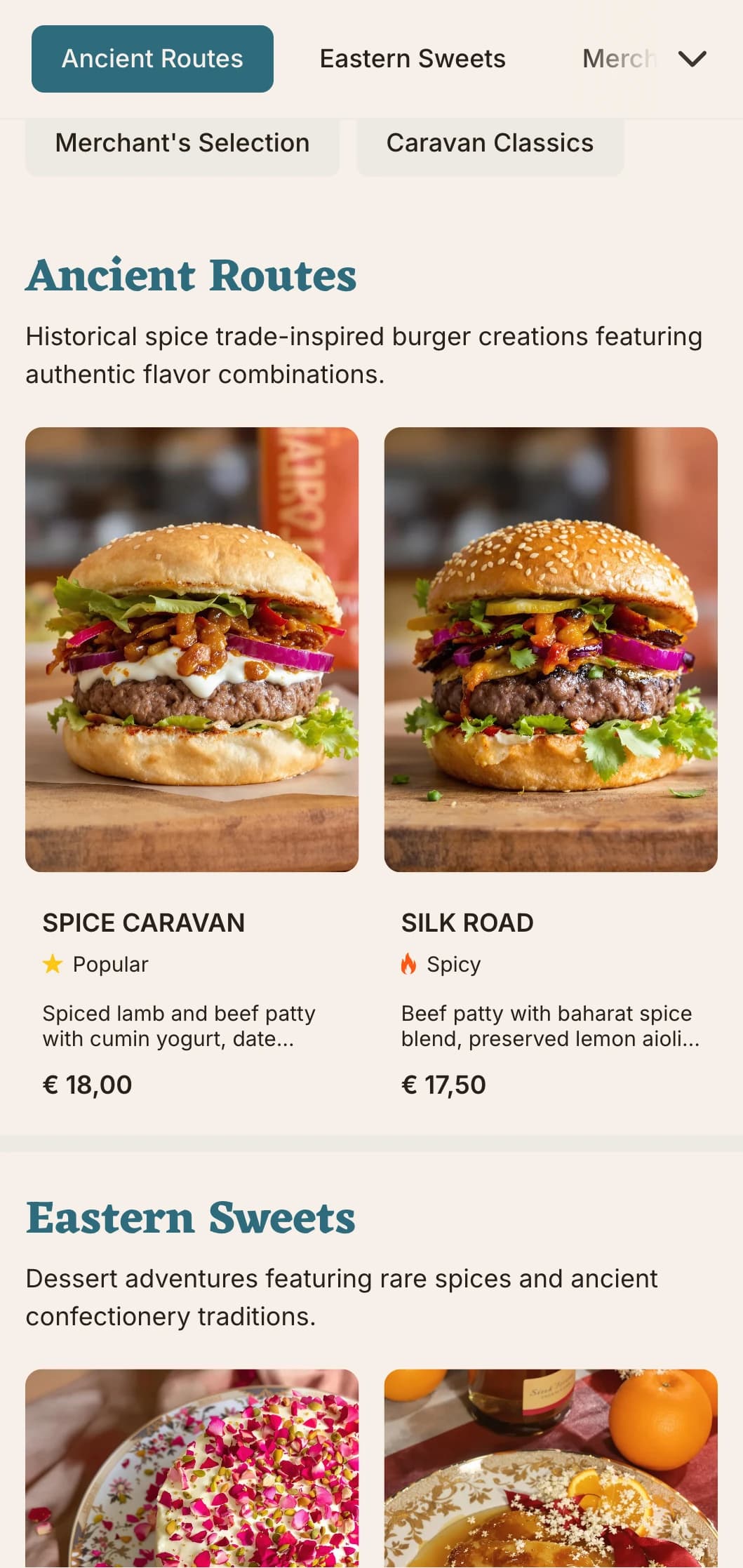 Ancient trade route inspired burger menu featuring historical flavor combinations.