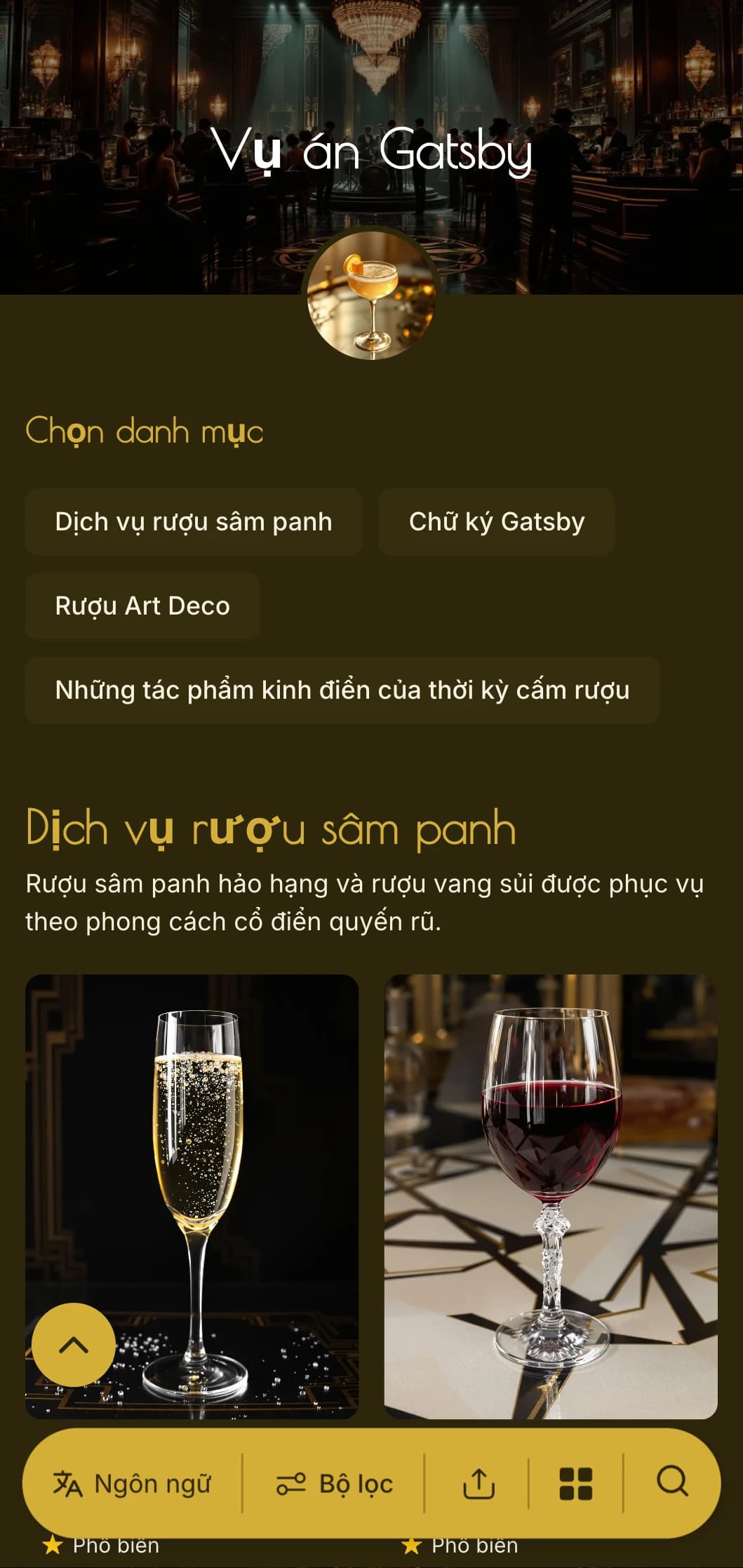 Thiết kế vàng và đen quyến rũ với họa tiết đích thực của thập niên 1920 dành cho phòng chờ cao cấp.