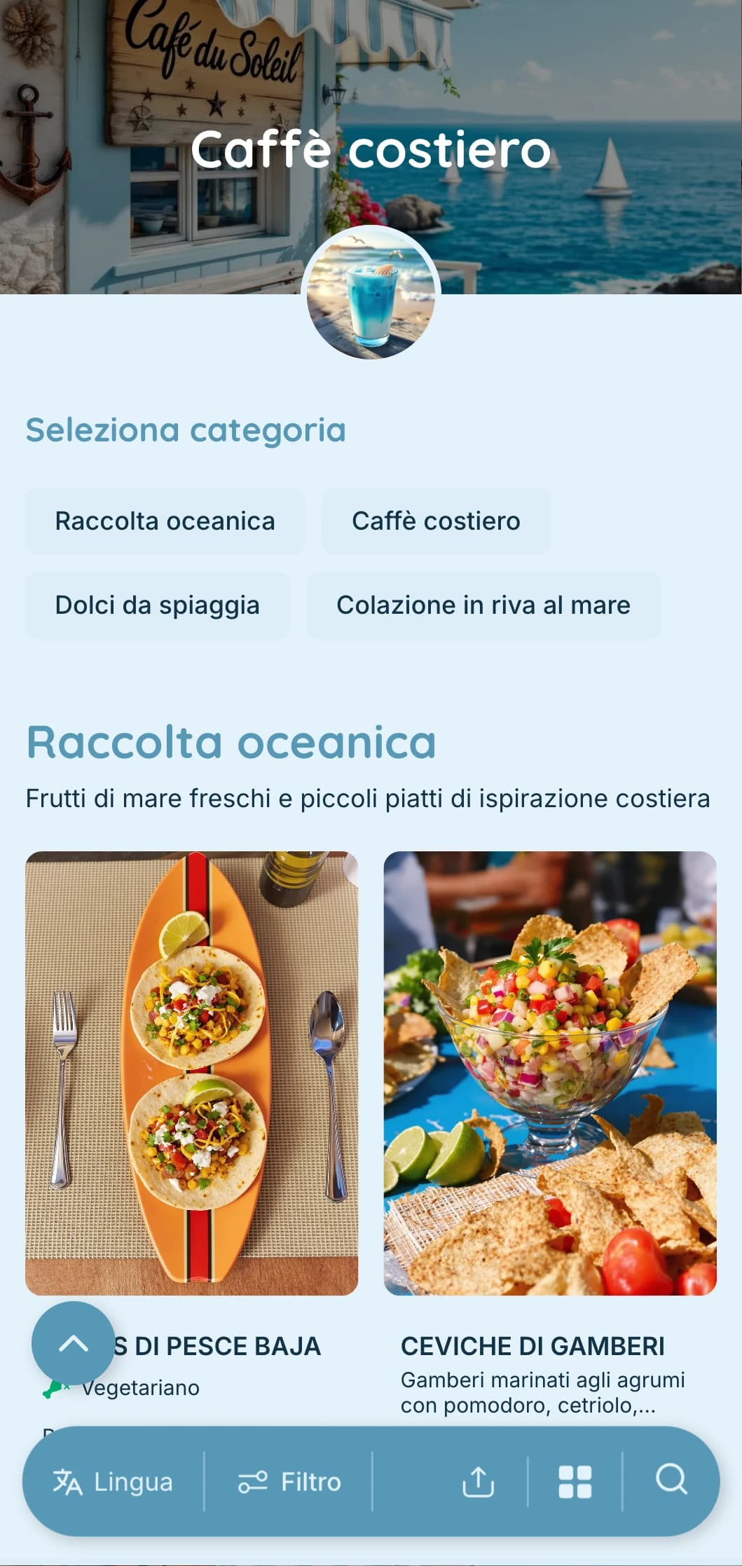 Design azzurro con elementi costieri per bar e caffetterie in riva al mare.