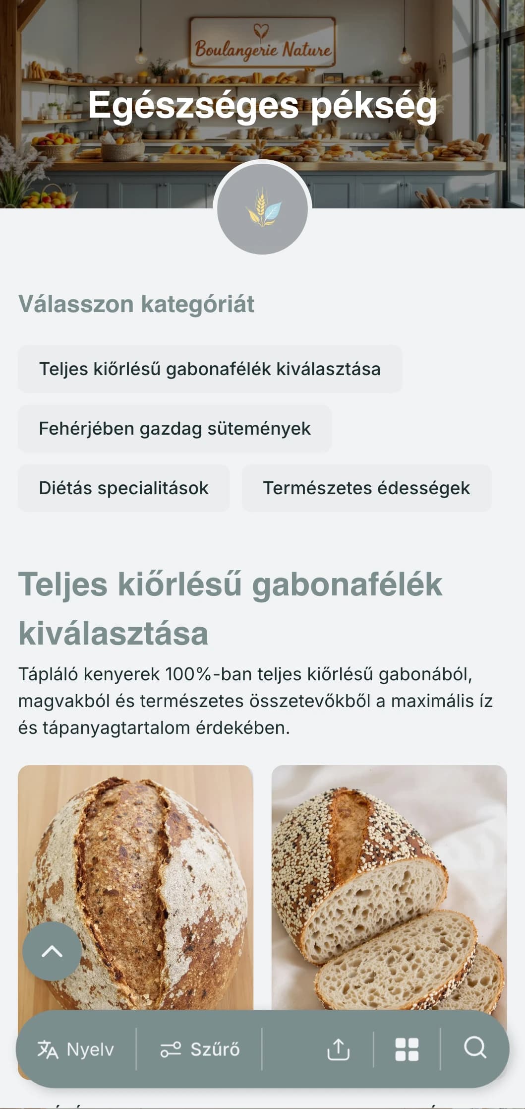 Egészségtudatos pékségi menüterv természetes kékesszürke tónusokkal és tiszta tipográfiával, tökéletes az egészséges alapanyagokra és diétás lehetőségekre összpontosító pékségek számára.